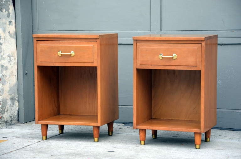 Pair of mid-20th century modern solid hard mountain ash, by A. Period Mfg. Co nightstands.