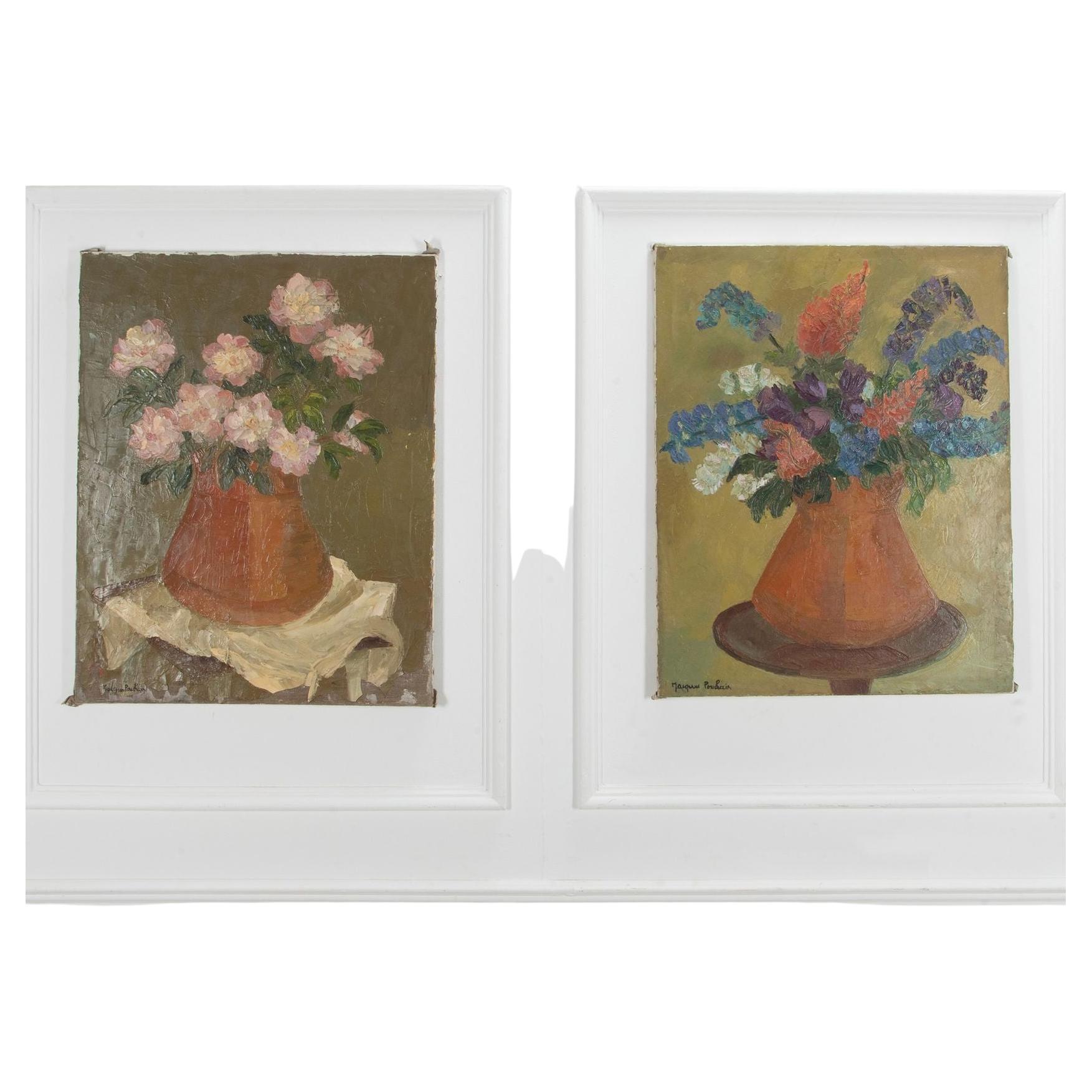 Paire de tableaux de fleurs modernistes du milieu du 20e siècle par Jacques Pouchain