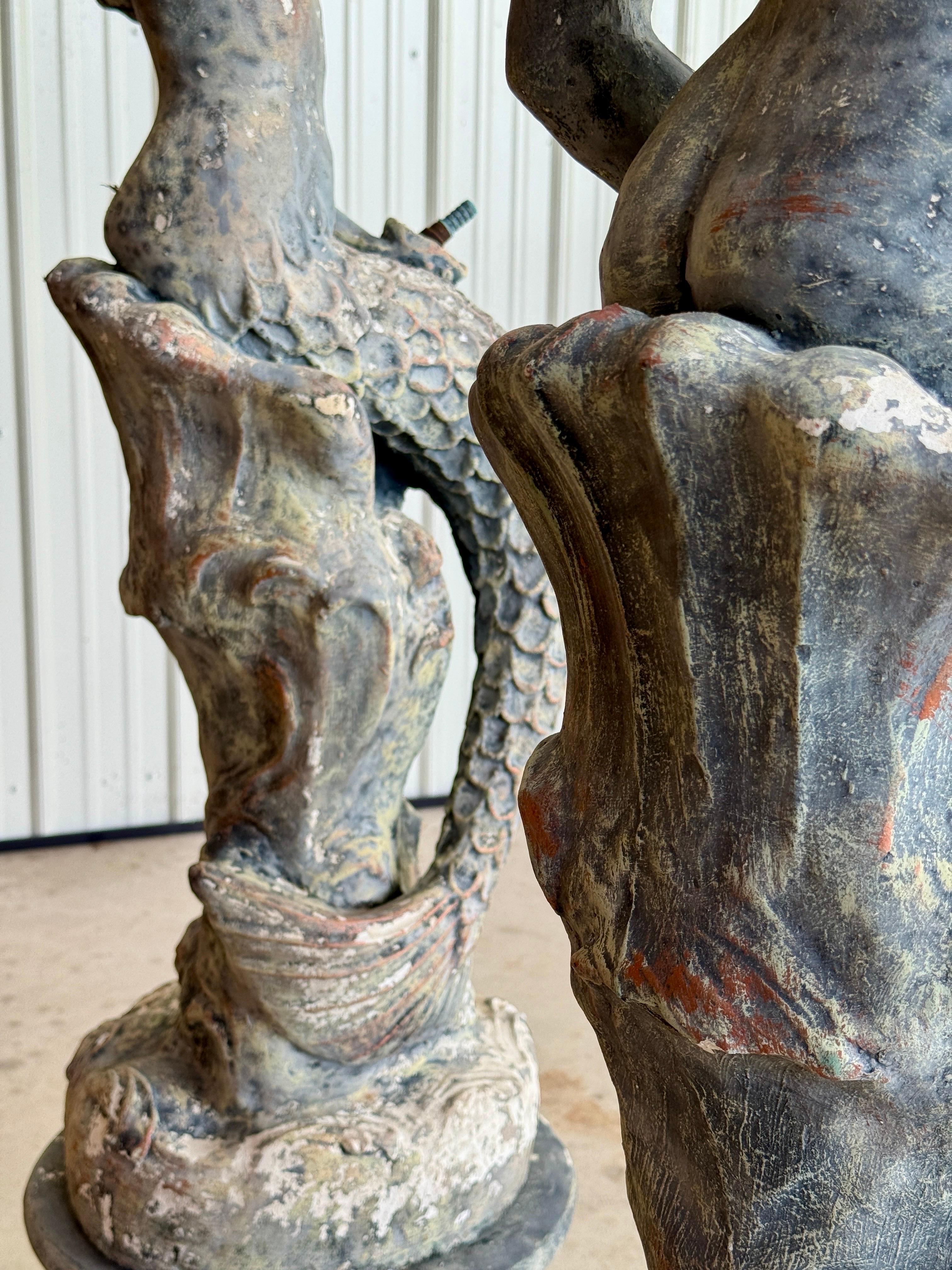 Pair of Mid-20th Century Monumental Cast Concrete Mermaid Fountain Sculptures Wi For Sale 4