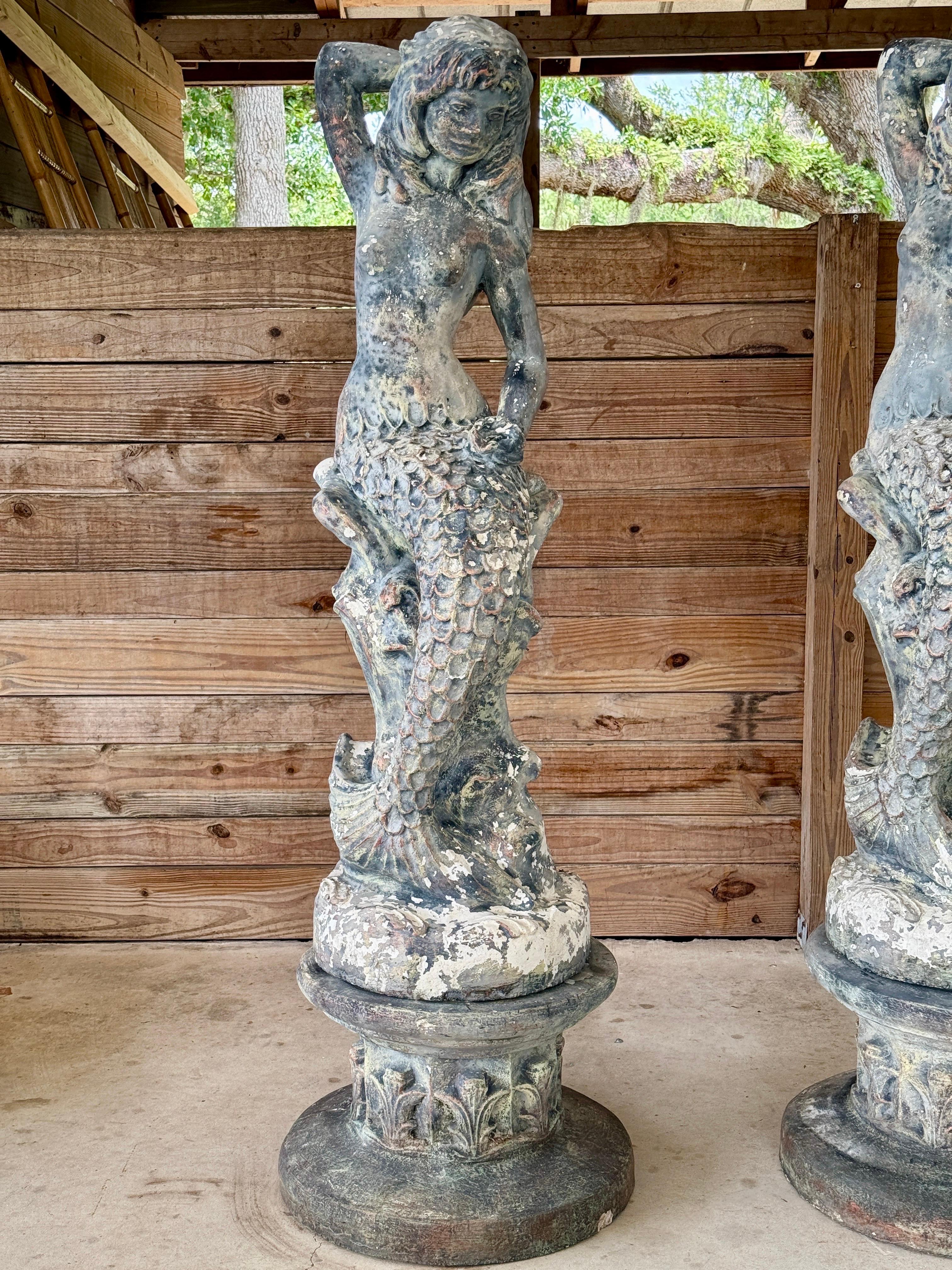 Pair of Mid-20th Century Monumental Cast Concrete Mermaid Fountain Sculptures Wi For Sale 5