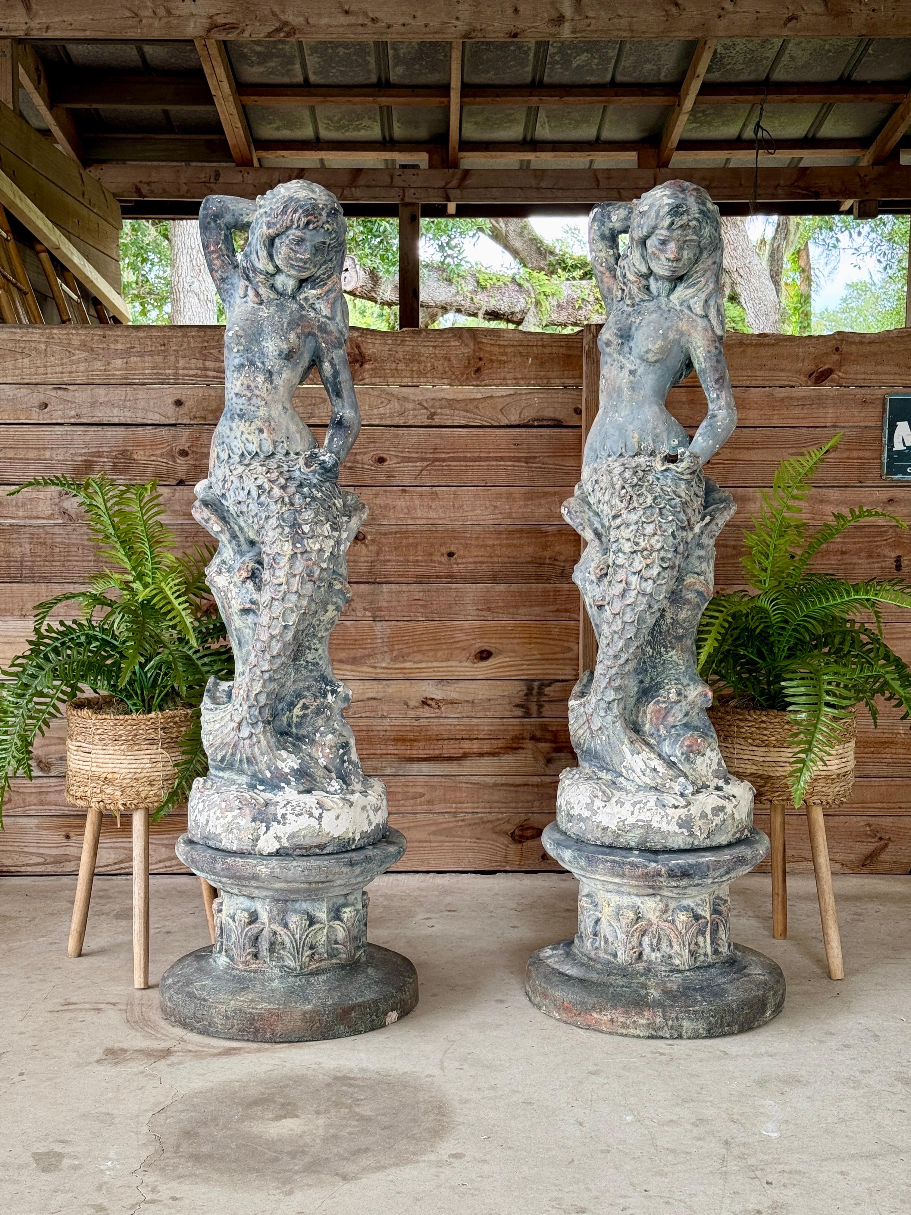Pair of Mid-20th Century Monumental Cast Concrete Mermaid Fountain Sculptures Wi For Sale 11