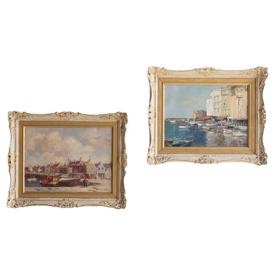 Paar Ölgemälde von St. Tropez auf Leinwand, Mitte des 20. Jahrhunderts 
