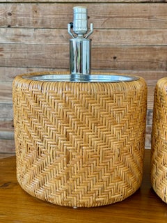 Pair of Mid-20th Century Organic Modern Rattan Weave and Chrome Table Lamps