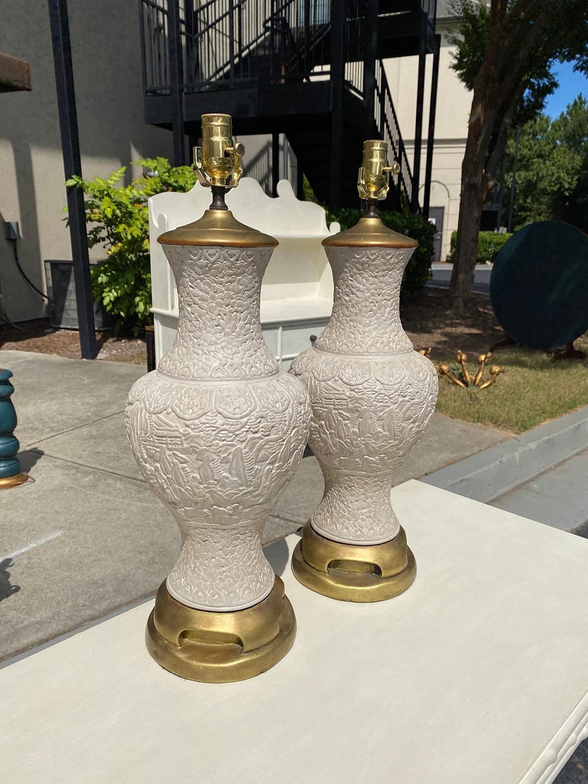 Hand-Painted Pair of Mid-20th Century Oriental Cinnabar Style Lamps, Custom Finish