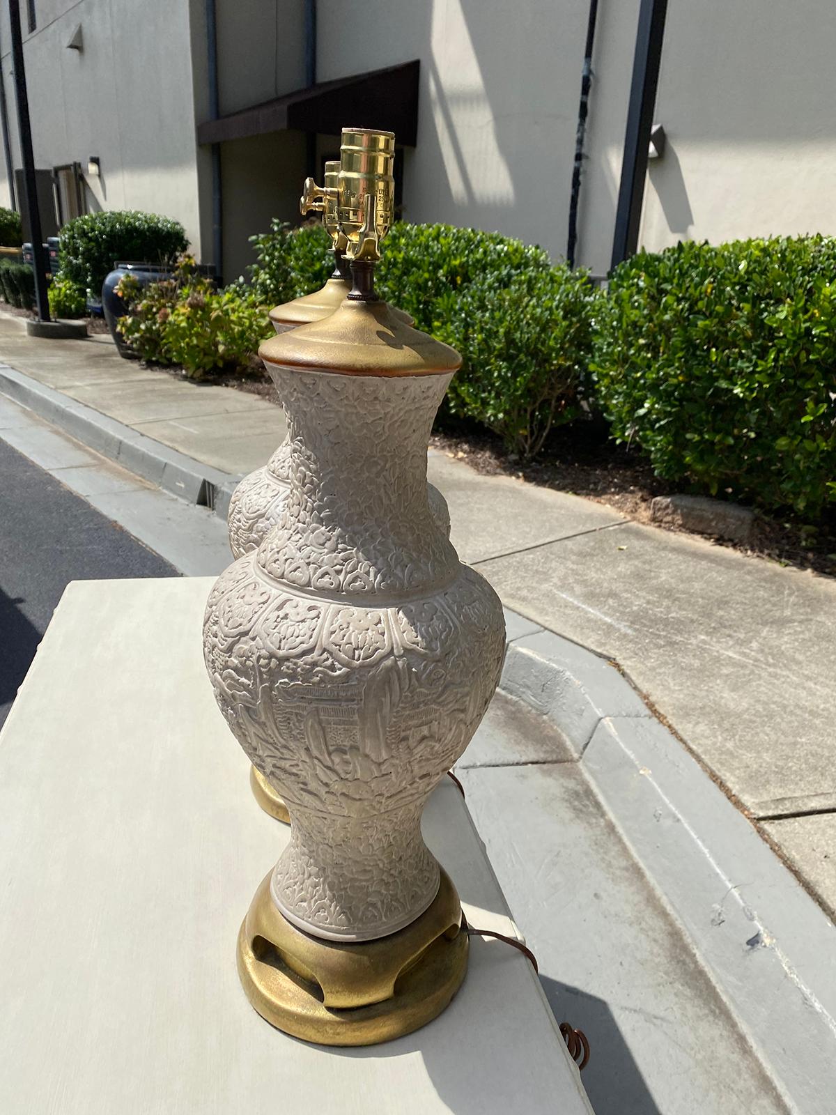 Giltwood Pair of Mid-20th Century Oriental Cinnabar Style Lamps, Custom Finish