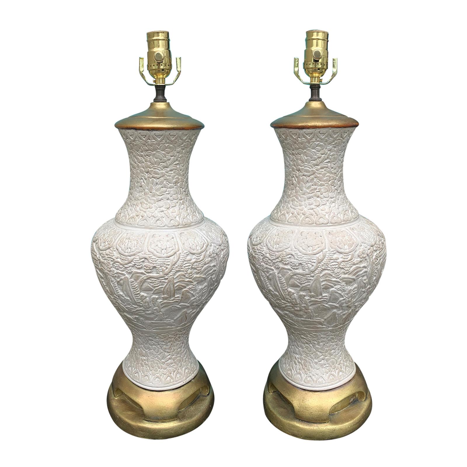 Pair of Mid-20th Century Oriental Cinnabar Style Lamps, Custom Finish
