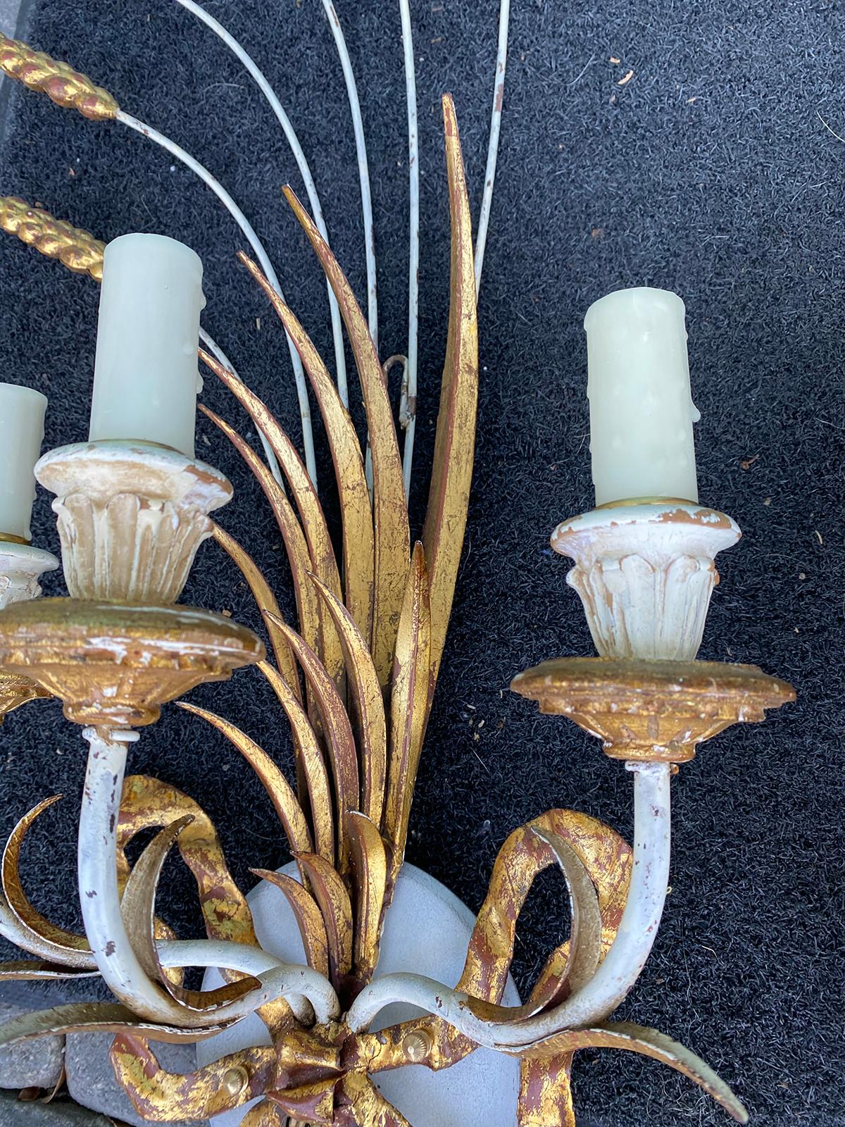 Pair of Mid-20th Century Parcel Gilt Metal and Wood Three-Arm Wheat Sconces For Sale 6