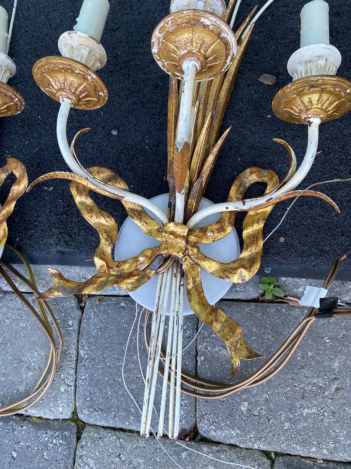 Pair of Mid-20th Century Parcel Gilt Metal and Wood Three-Arm Wheat Sconces For Sale 3