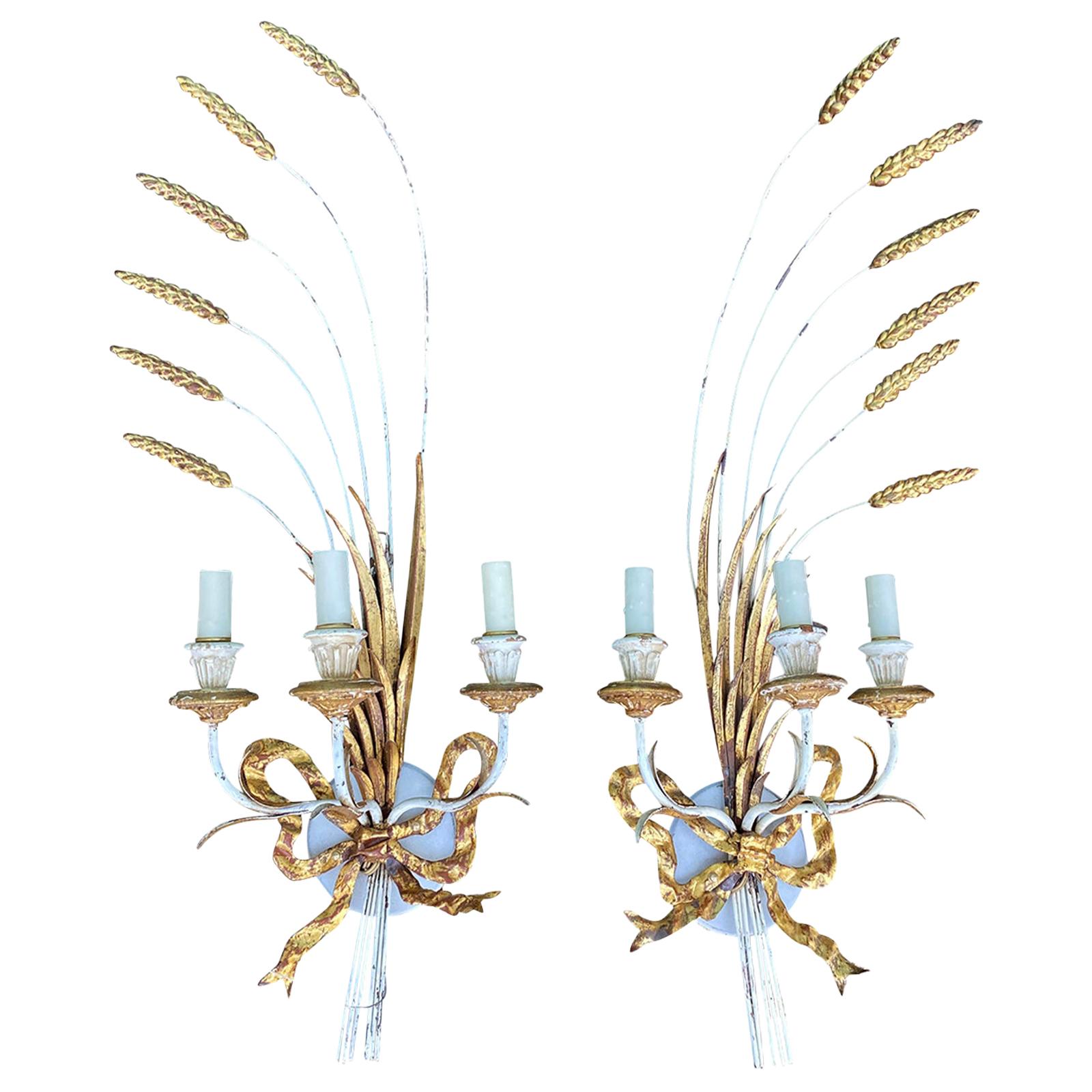 Pair of Mid-20th Century Parcel Gilt Metal and Wood Three-Arm Wheat Sconces For Sale