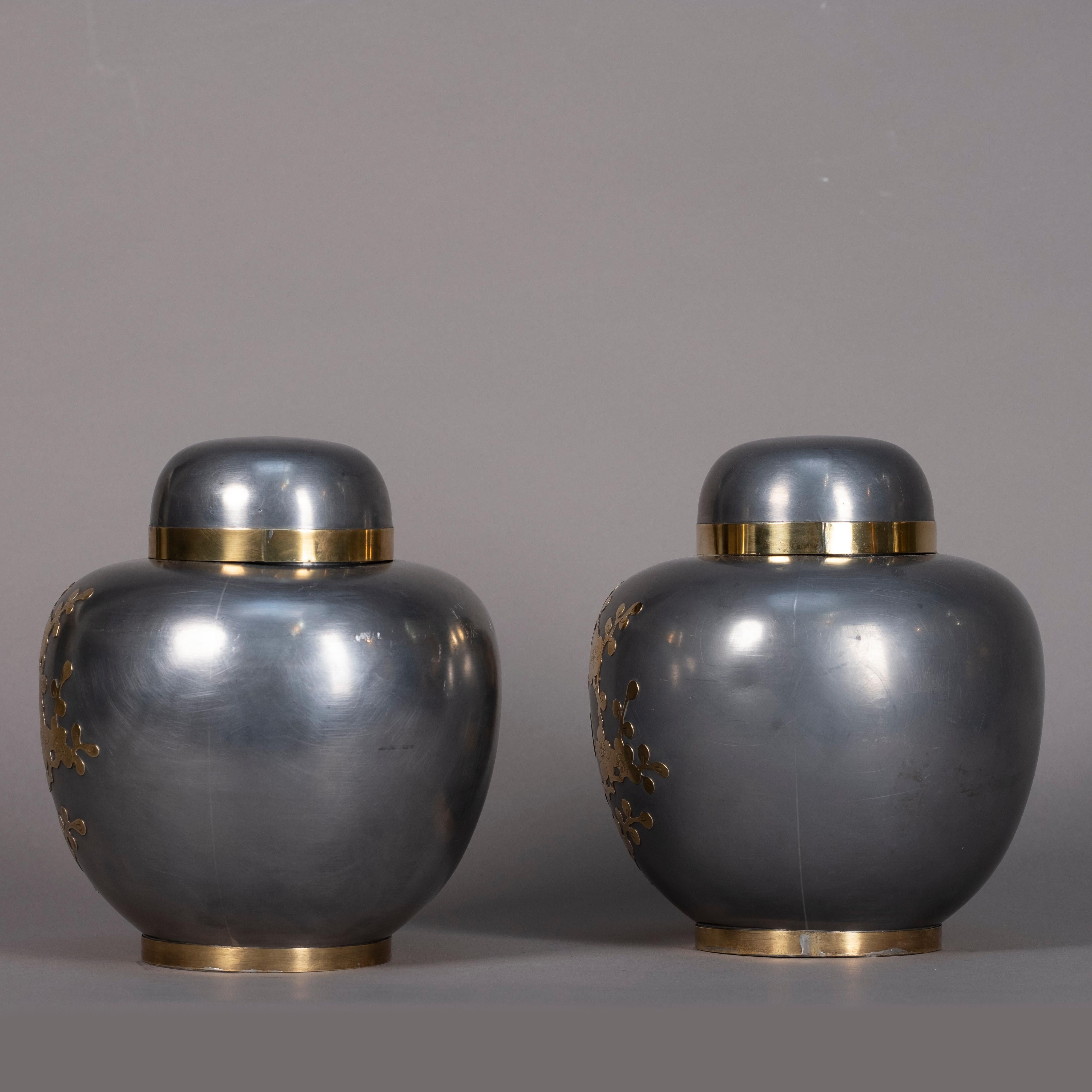 Chinese Export Pair of Mid-20th Century Pewter and Brass Ginger Jars
