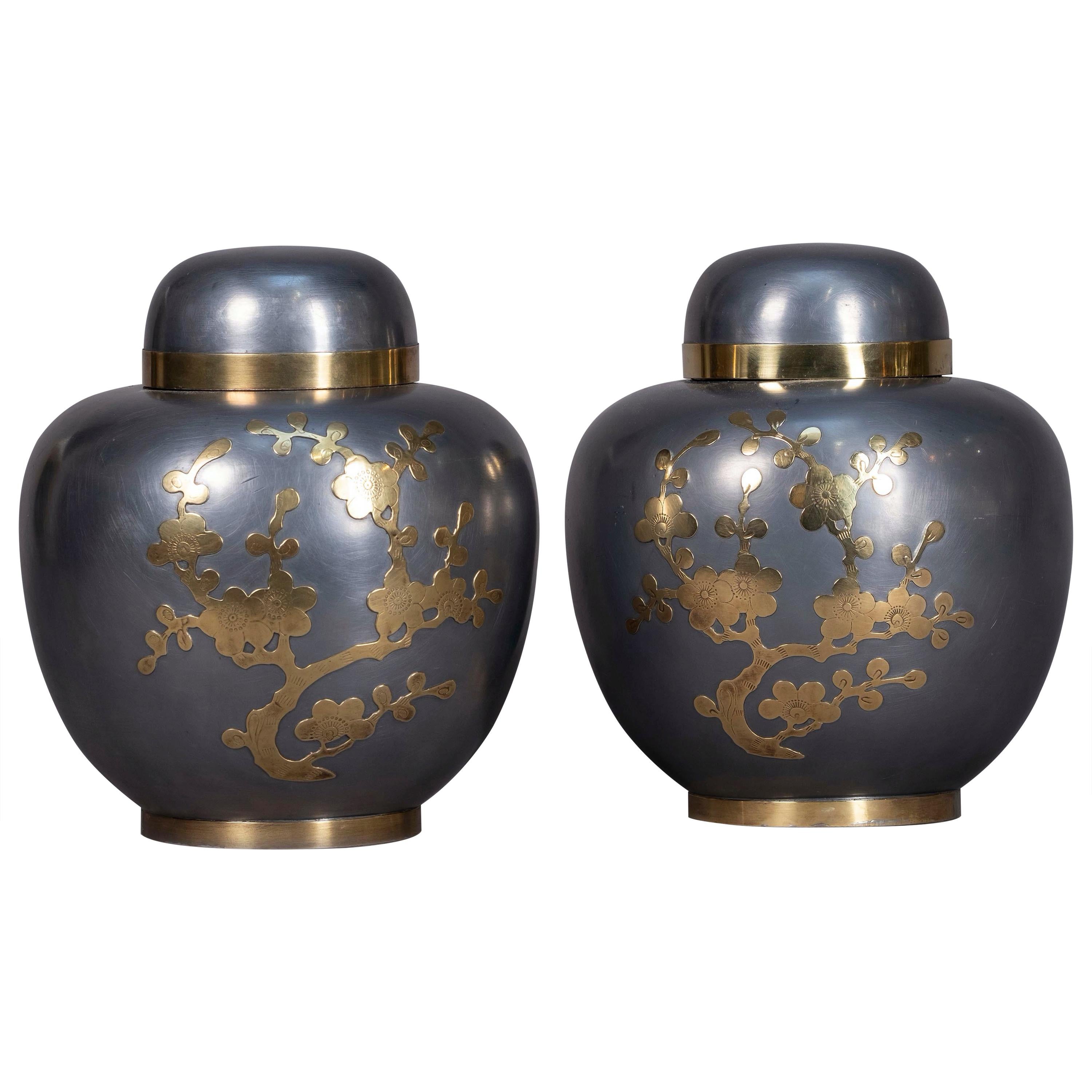 Pair of Mid-20th Century Pewter and Brass Ginger Jars