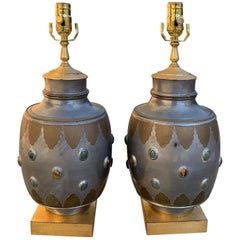 Pair of Mid-20th Century Pewter and Brass Lamps with Inlaid Stones, circa 1970s Pair of Mid-20th Century Pewter and Brass Lamps with Inlaid Stones, circa 1970s