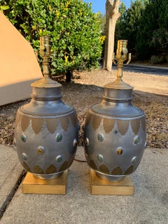 Pair of Mid-20th Century Pewter and Brass Lamps with Inlaid Stones, circa 1970s
