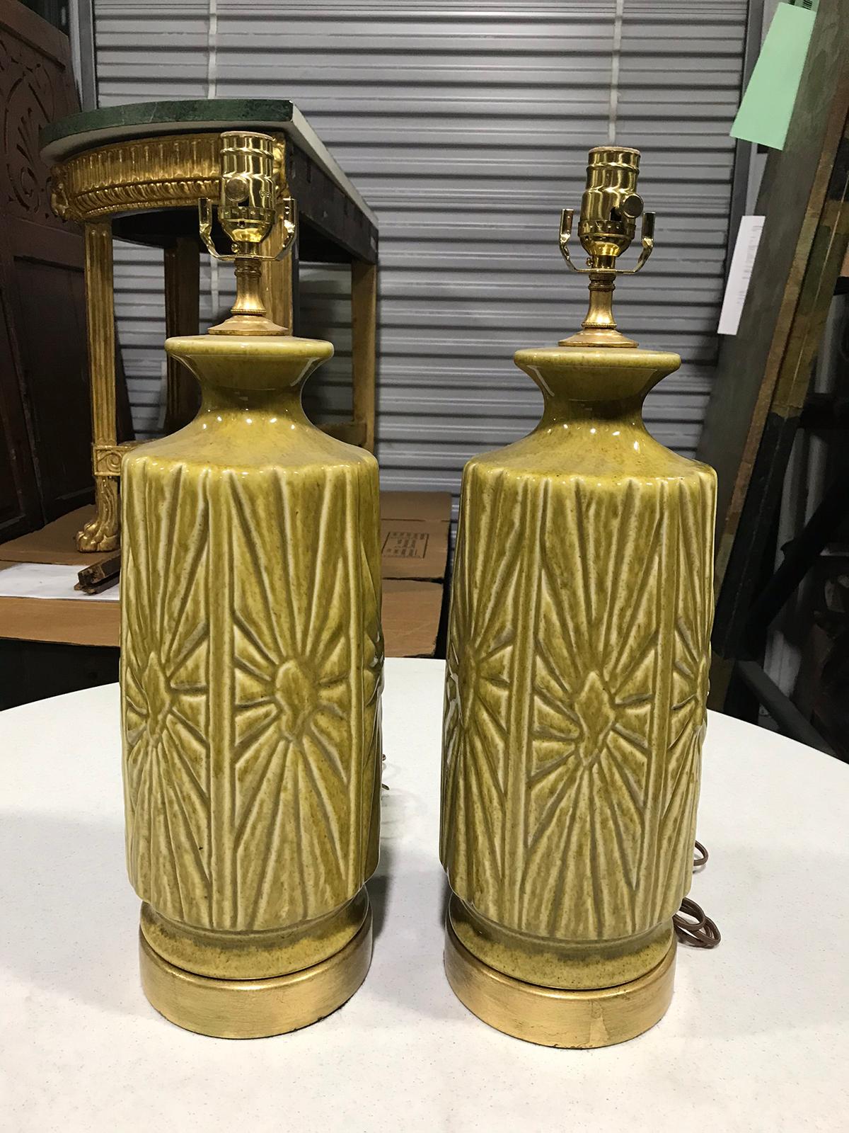 Pair of mid-20th century pottery lamps on custom gilt bases
New wiring.