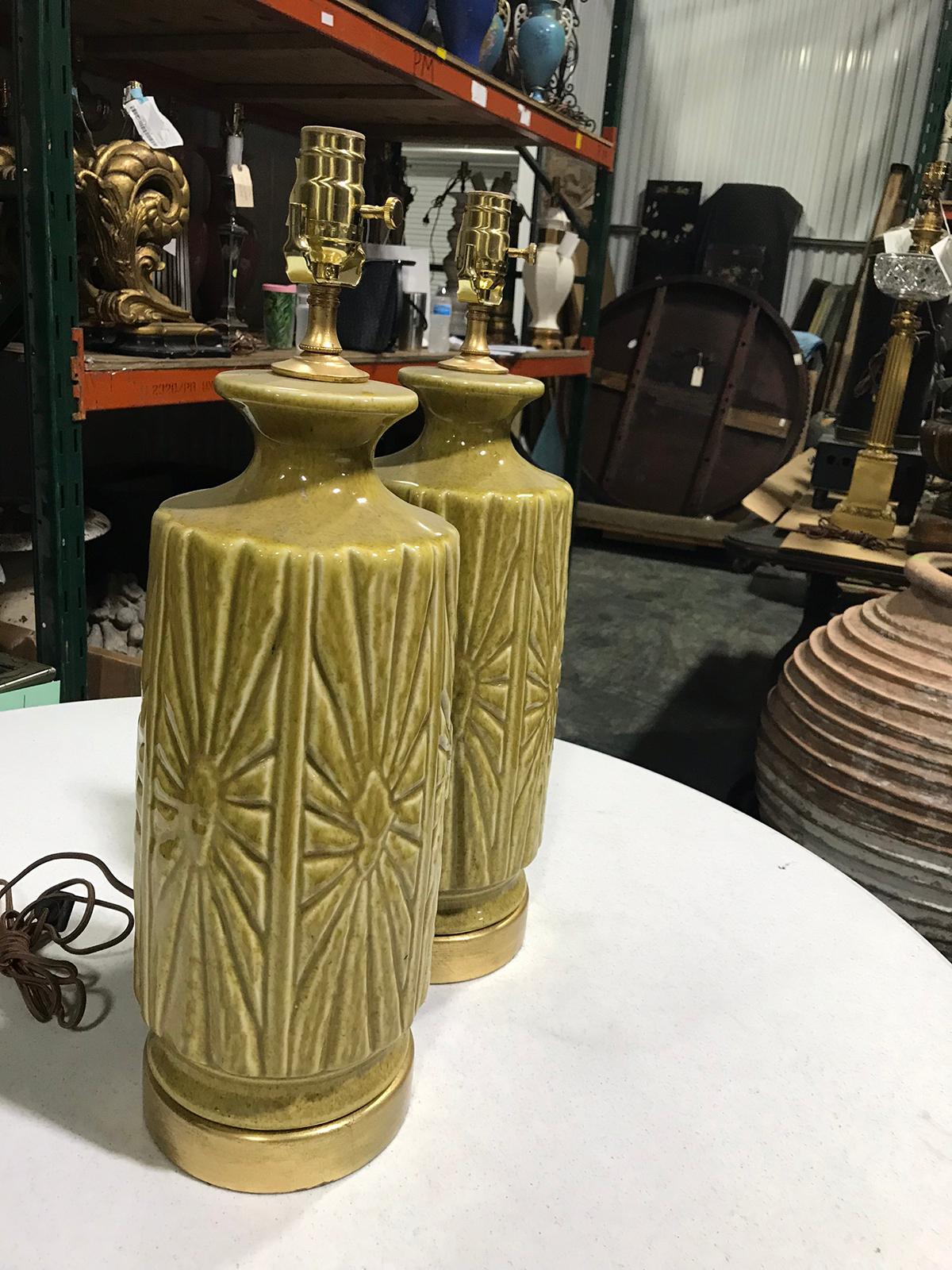 Glazed Pair of Mid-20th Century Pottery Lamps on Custom Gilt Bases