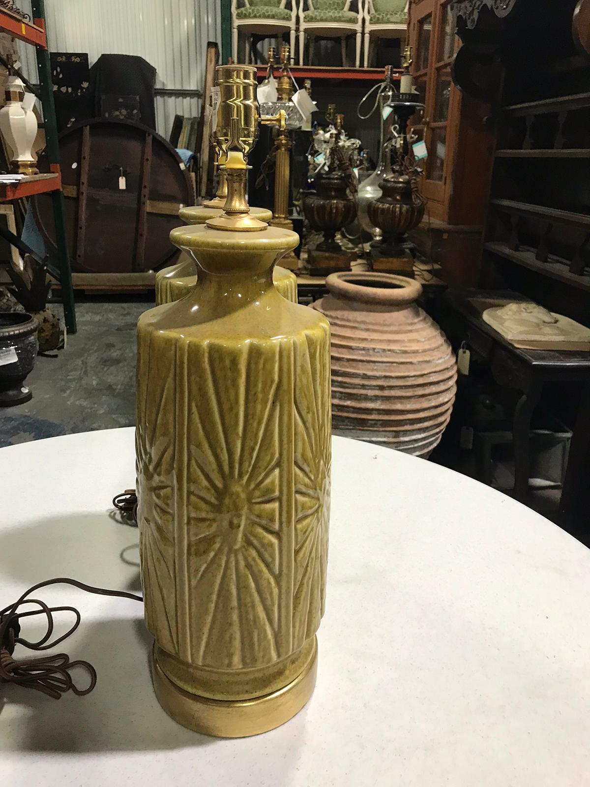 Pair of Mid-20th Century Pottery Lamps on Custom Gilt Bases In Good Condition In Atlanta, GA