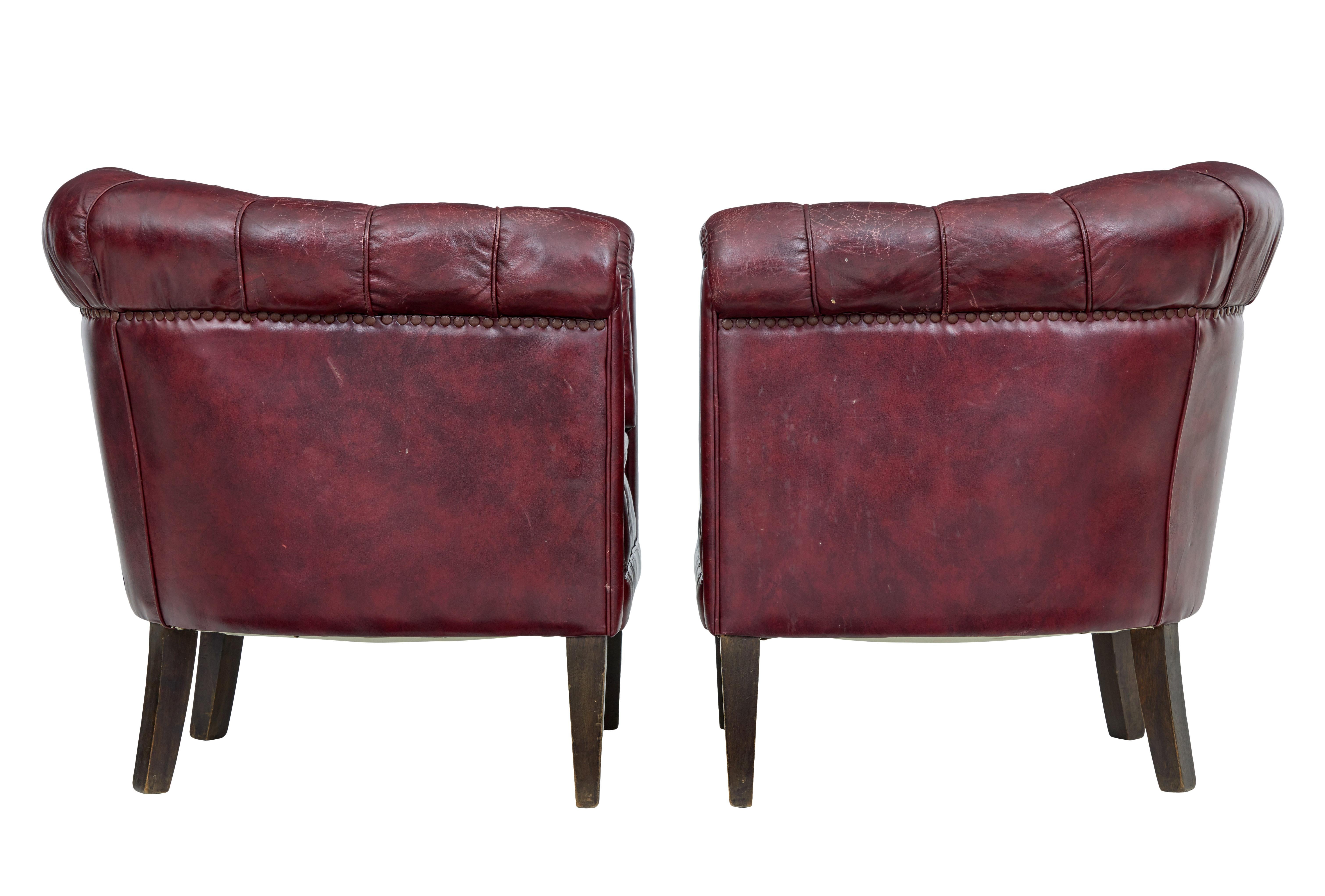 Edwardian Pair of Mid-20th Century Red Leather Club Armchairs
