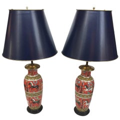 Vintage Pair of Mid-20th Century Red Porcelain Table Lamps