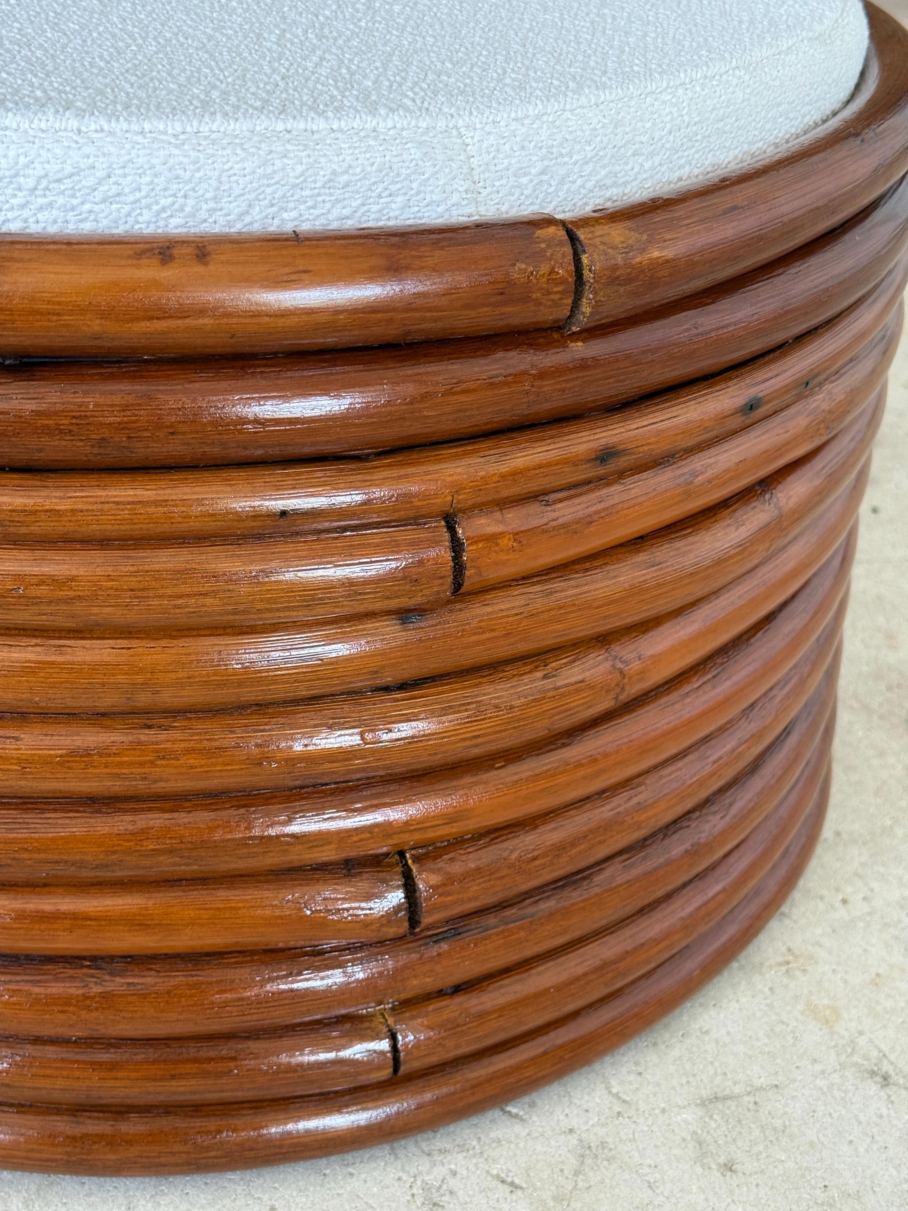 Hand-Crafted Pair of Mid-20th Century Refinished Stacked Bent Rattan Ottomans in the Manner o For Sale