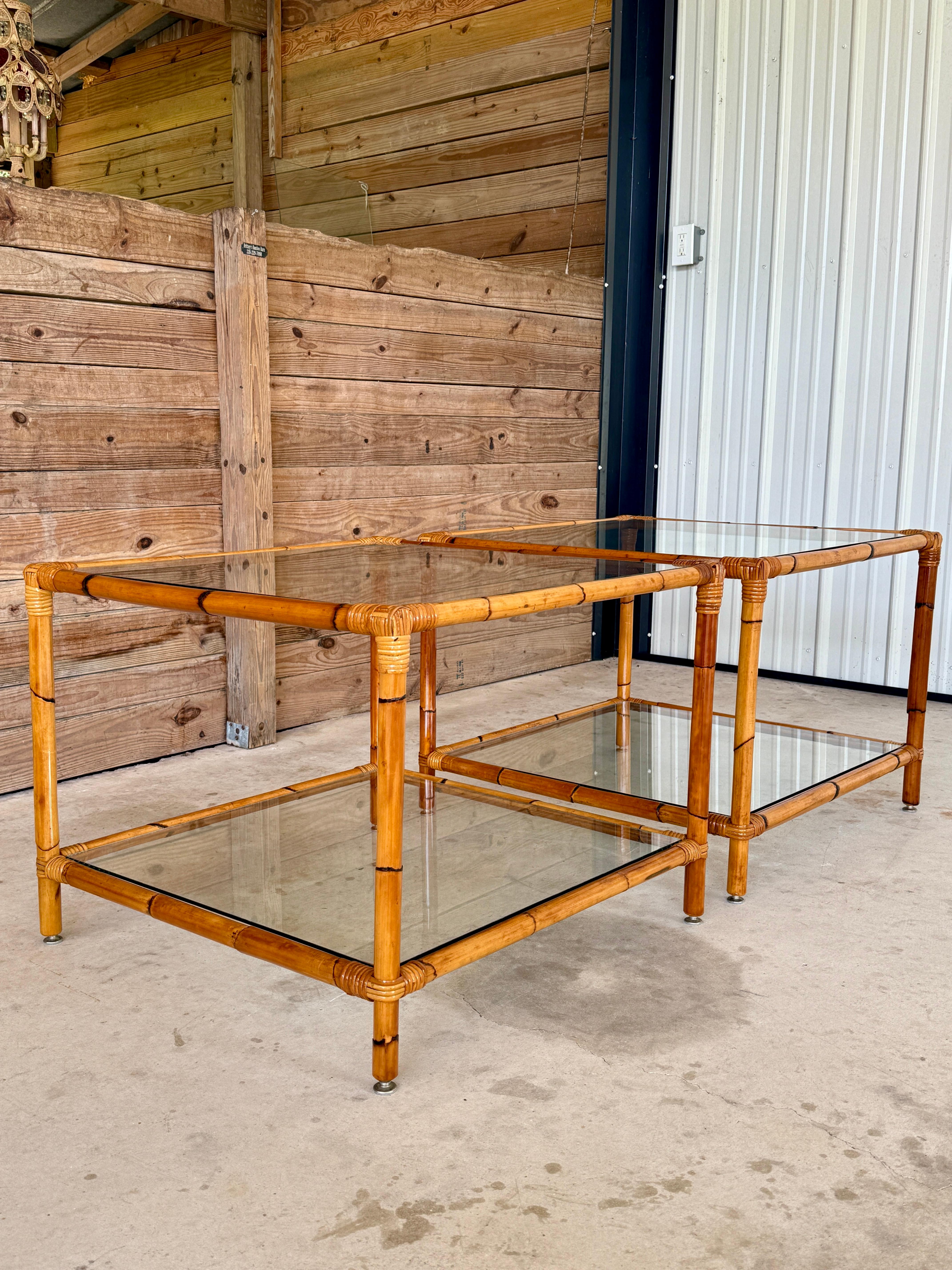 Pair of Mid-20th Century Refinished Two-Tier Rattan Side Tables With Glass Shelv For Sale 4