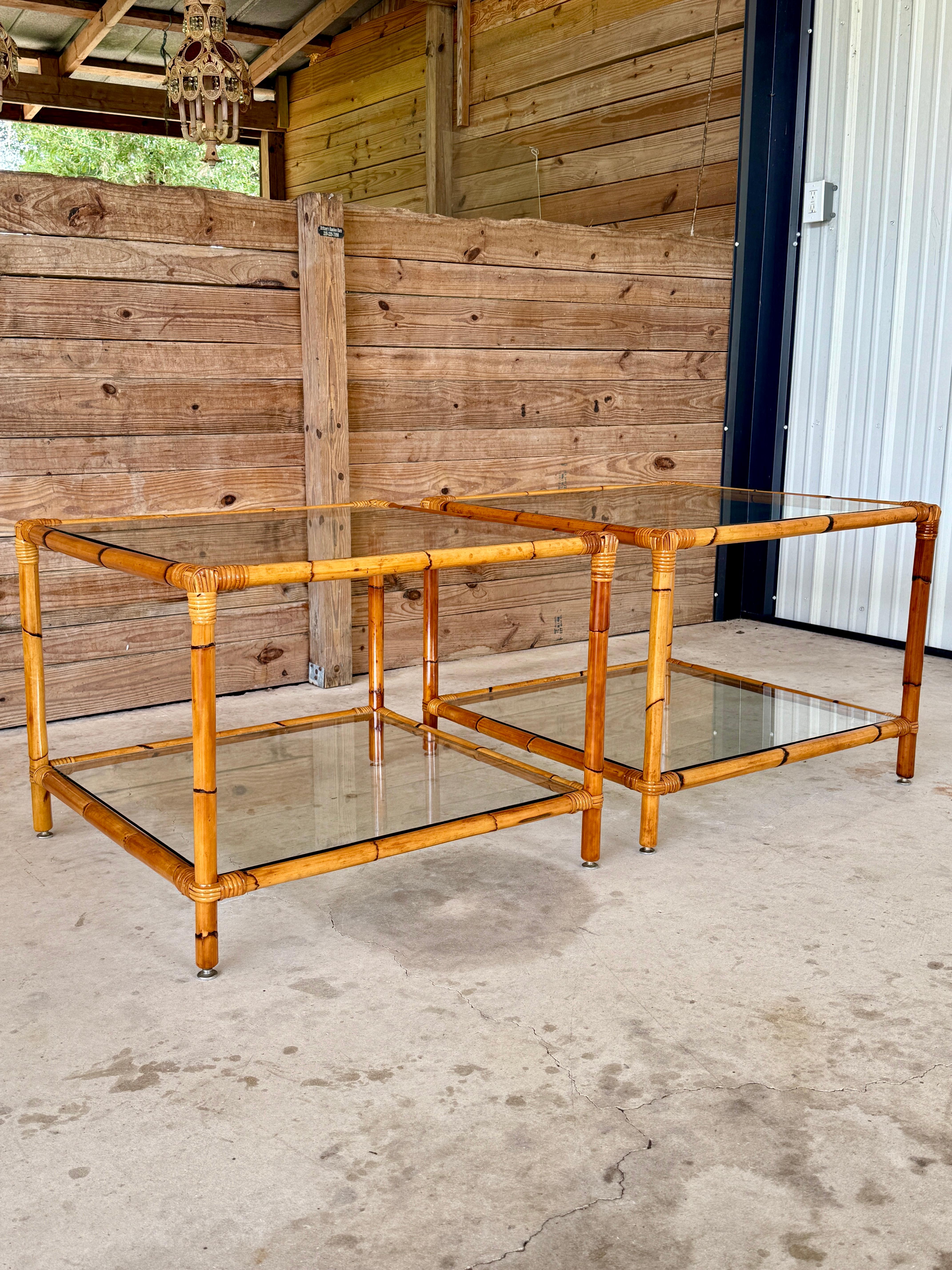 Pair of Mid-20th Century Refinished Two-Tier Rattan Side Tables With Glass Shelv For Sale 5