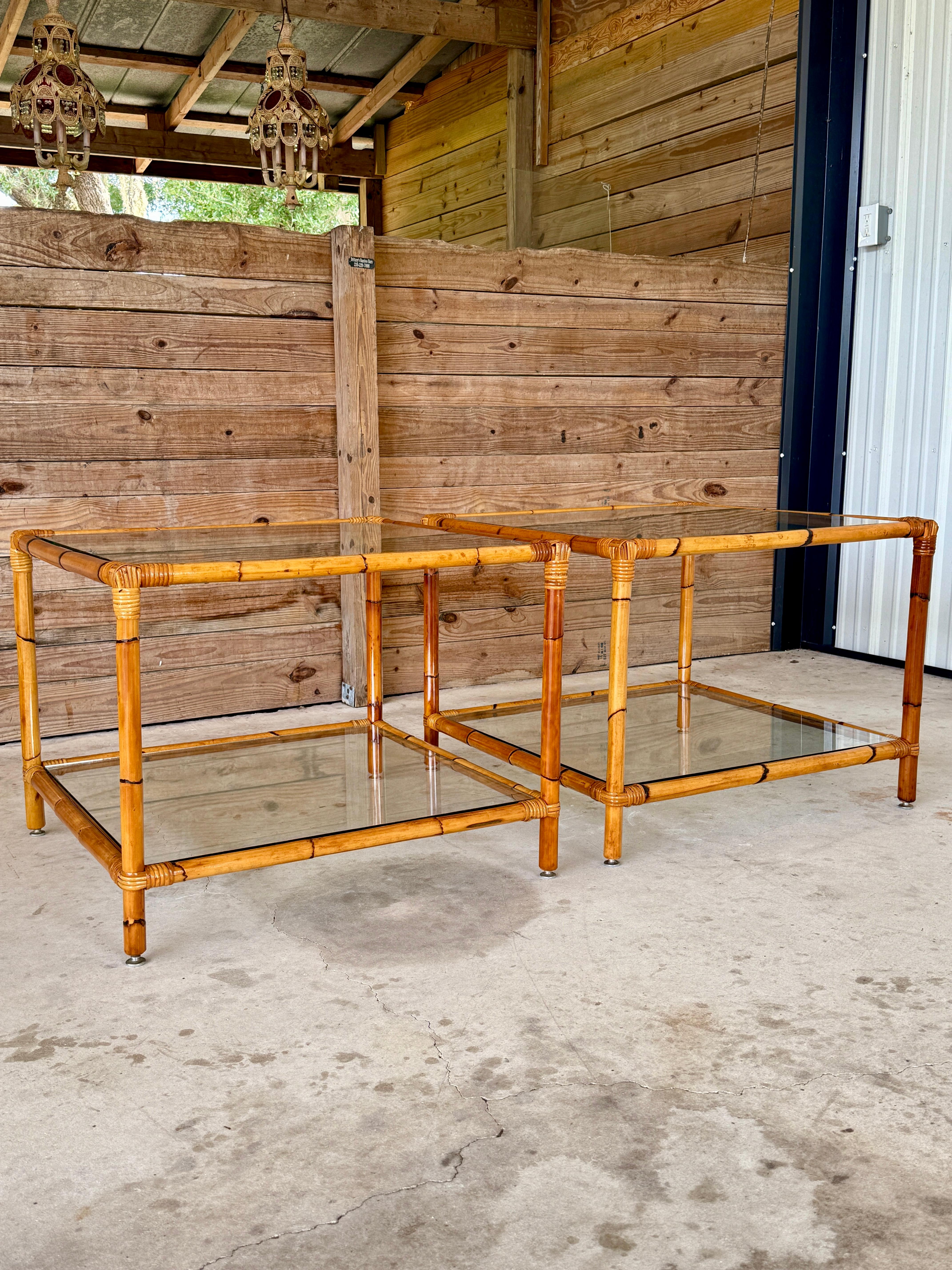Pair of Mid-20th Century Refinished Two-Tier Rattan Side Tables With Glass Shelv For Sale 6