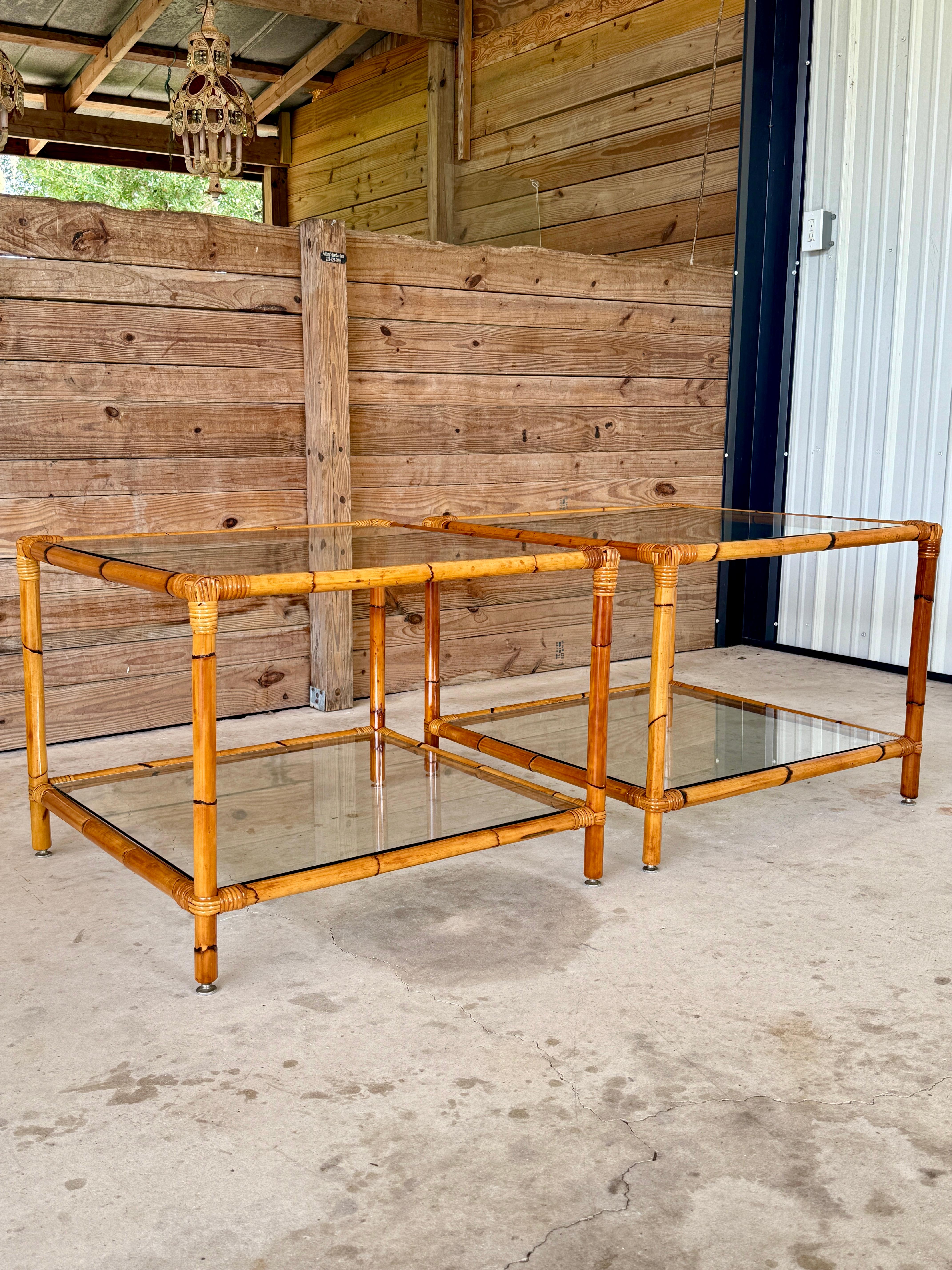 Pair of Mid-20th Century Refinished Two-Tier Rattan Side Tables With Glass Shelv For Sale 8