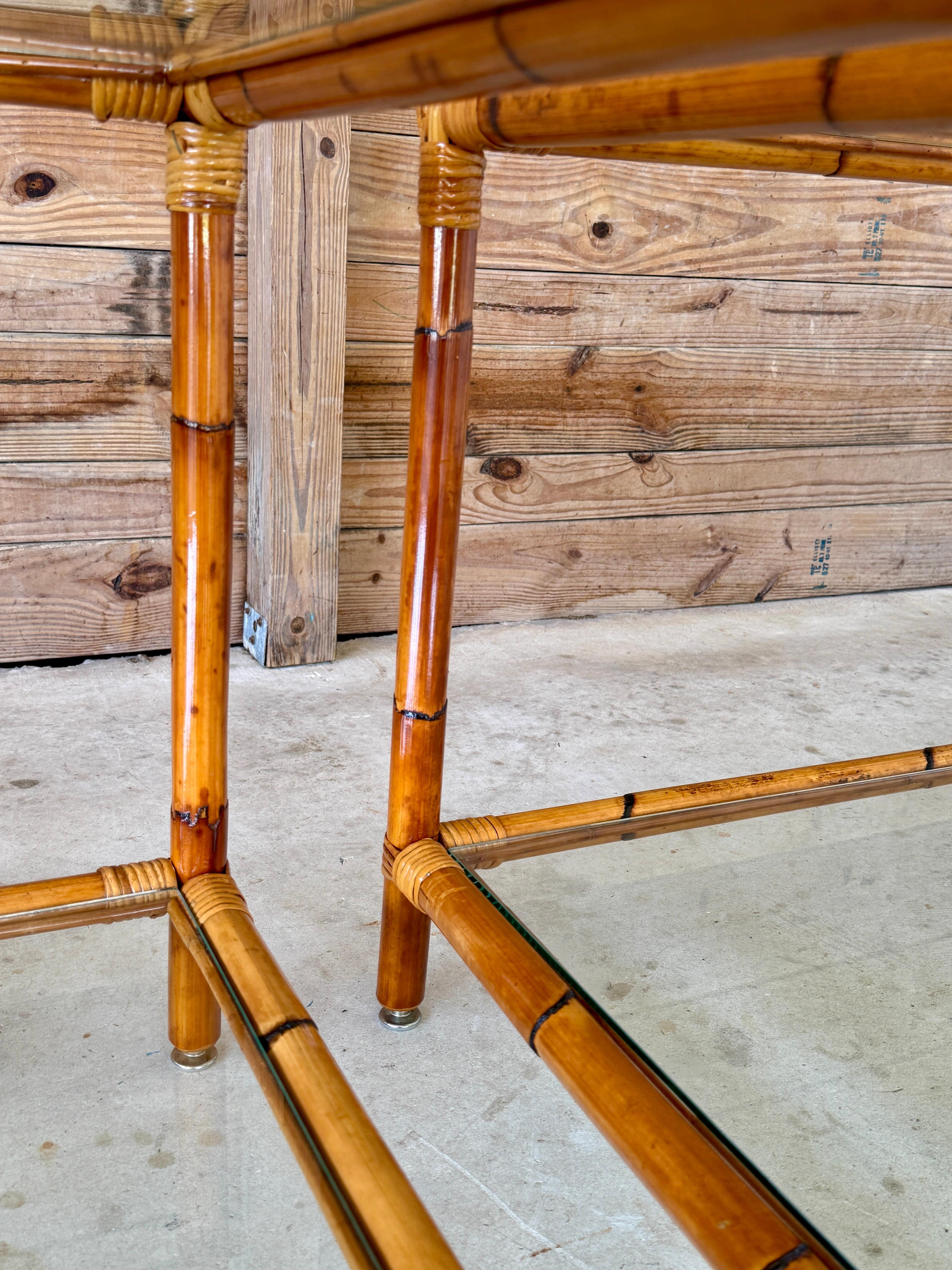 Pair of Mid-20th Century Refinished Two-Tier Rattan Side Tables With Glass Shelv For Sale 9