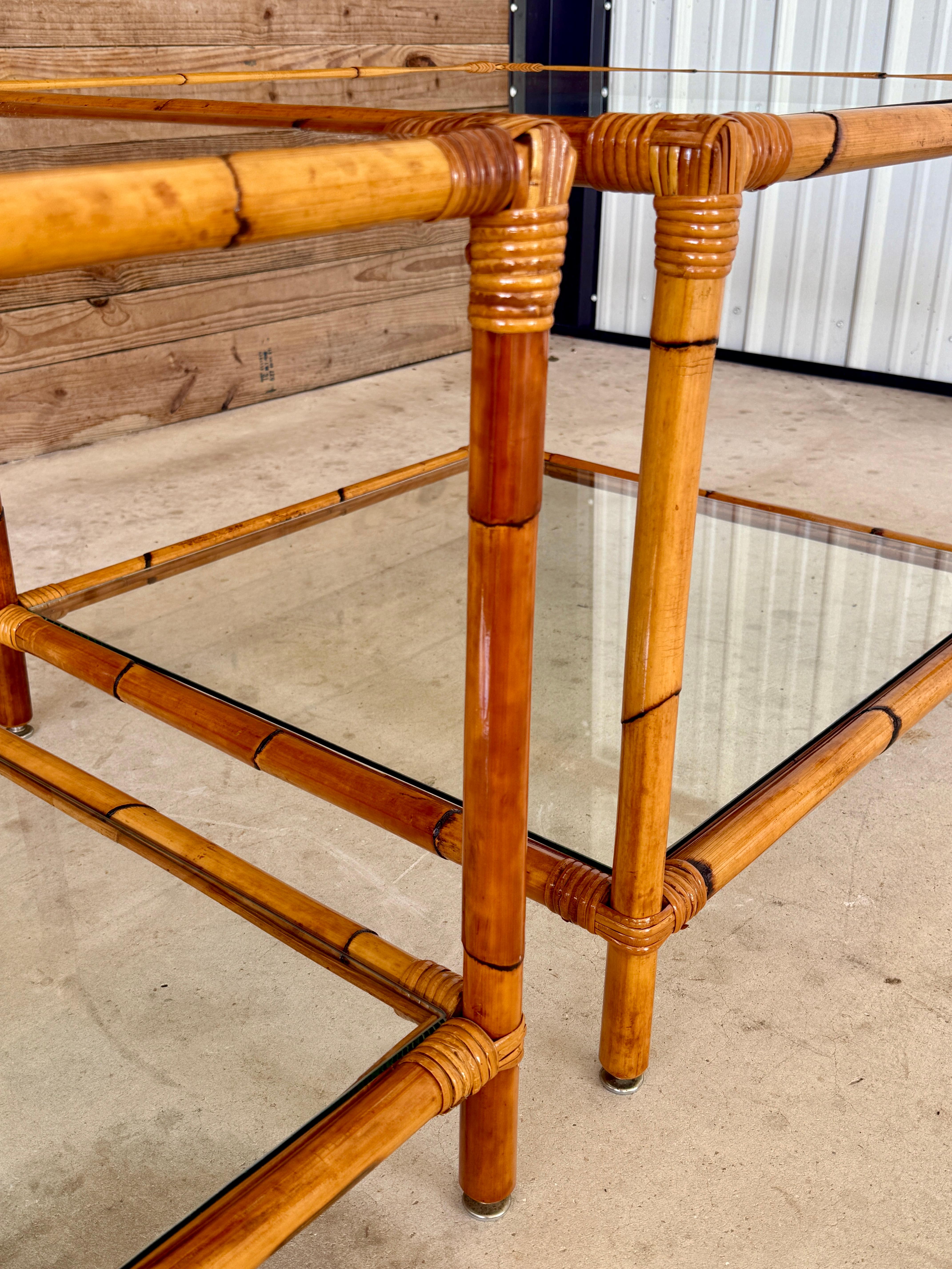 Pair of Mid-20th Century Refinished Two-Tier Rattan Side Tables With Glass Shelv For Sale 11