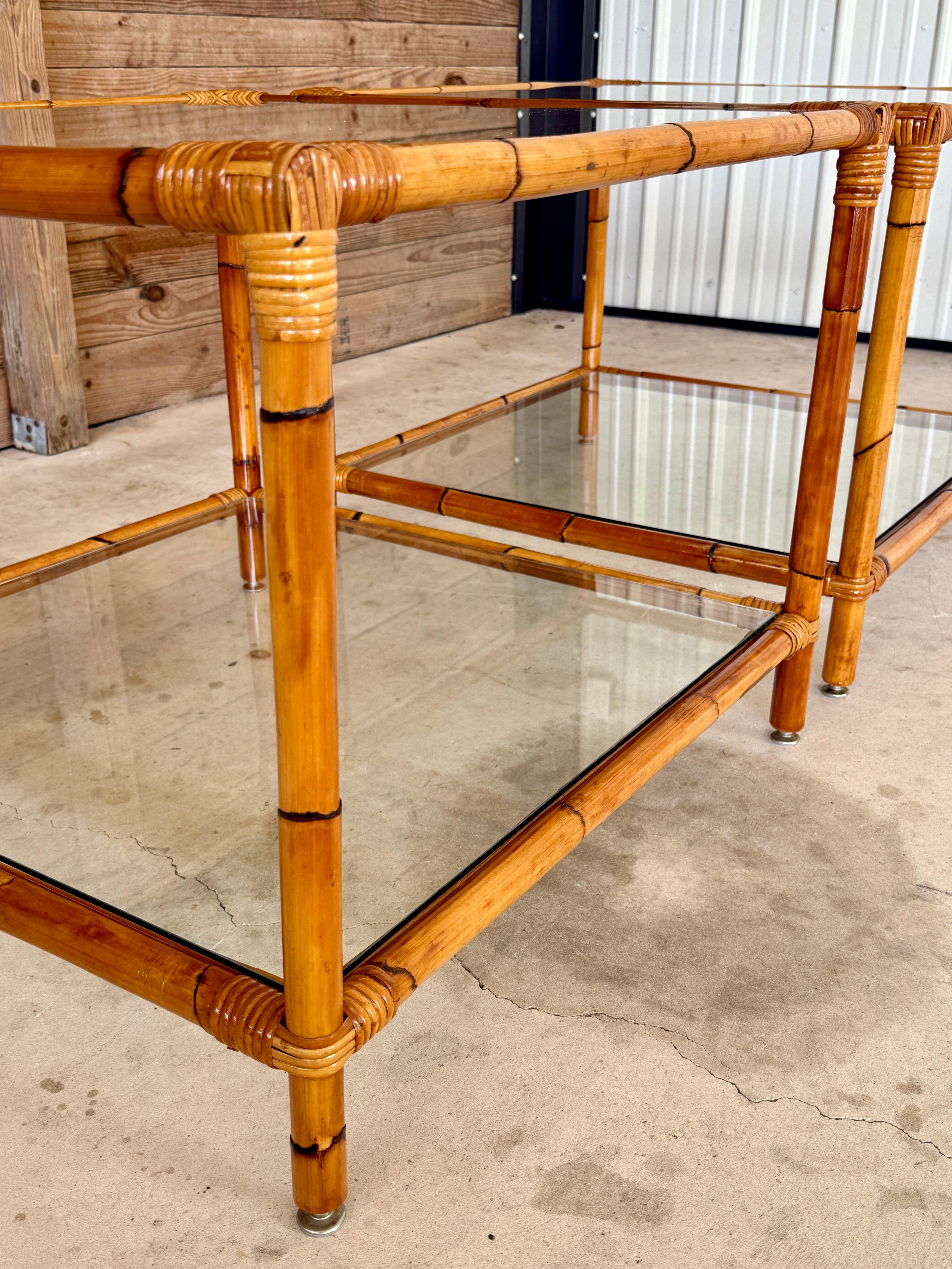 Pair of Mid-20th Century Refinished Two-Tier Rattan Side Tables With Glass Shelv For Sale 12