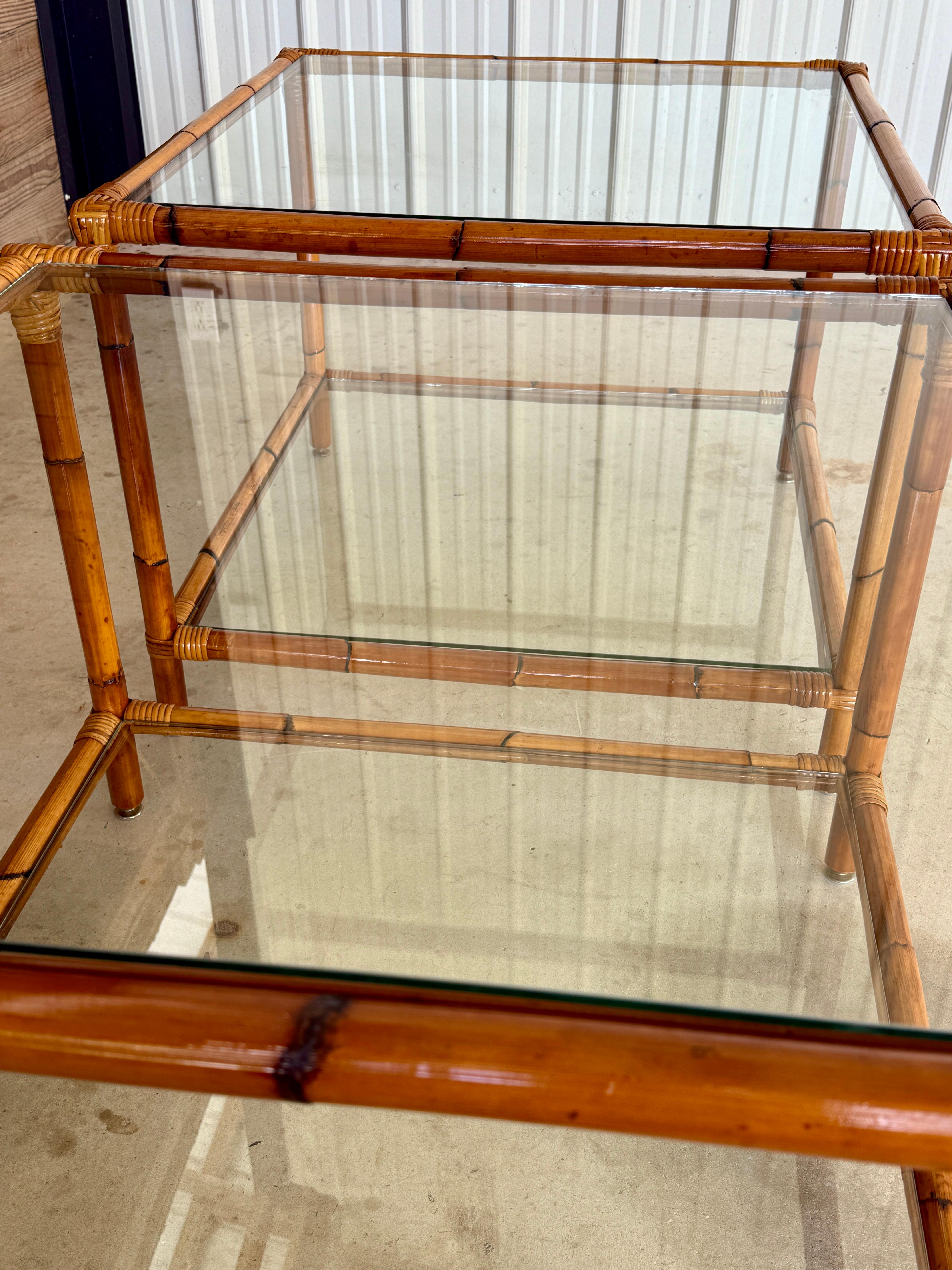 Pair of Mid-20th Century Refinished Two-Tier Rattan Side Tables With Glass Shelv For Sale 2