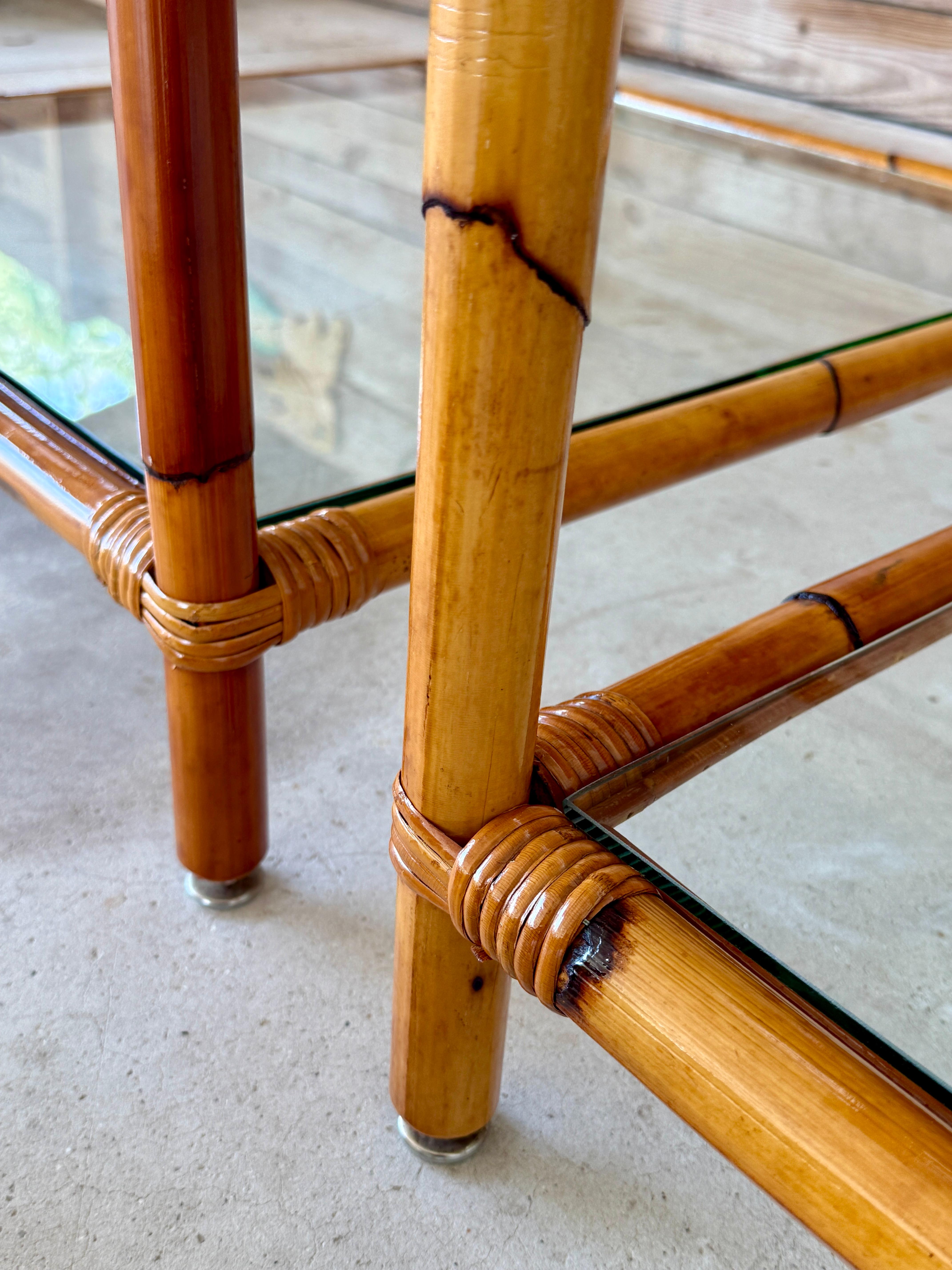 Pair of Mid-20th Century Refinished Two-Tier Rattan Side Tables With Glass Shelv For Sale 3