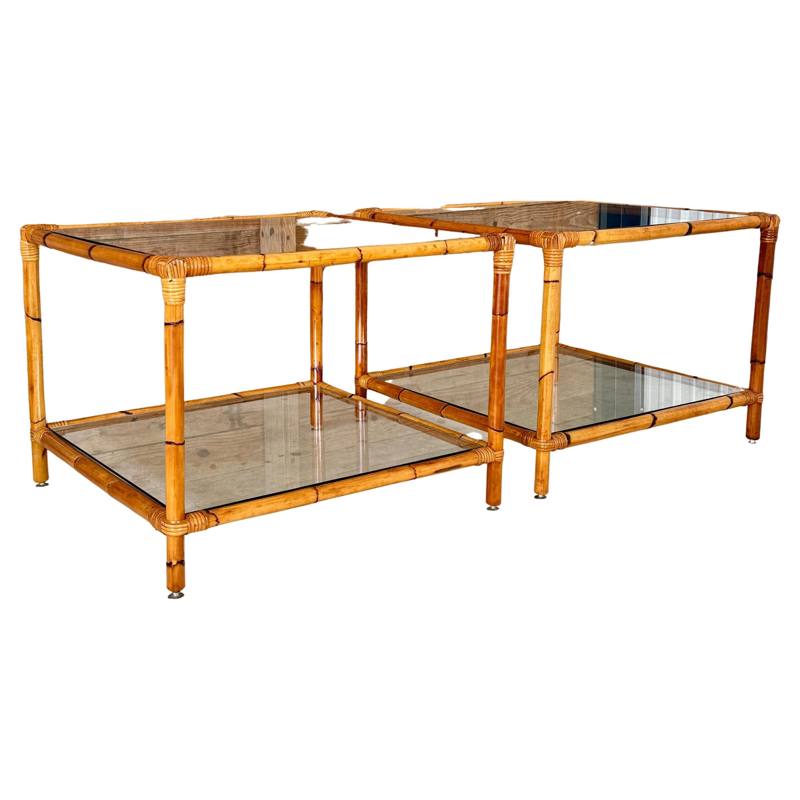 Pair of Mid-20th Century Refinished Two-Tier Rattan Side Tables With Glass Shelv For Sale