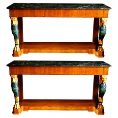 Pair of Mid-20th Century Regency Style Console Tables with Gilt Monopedia