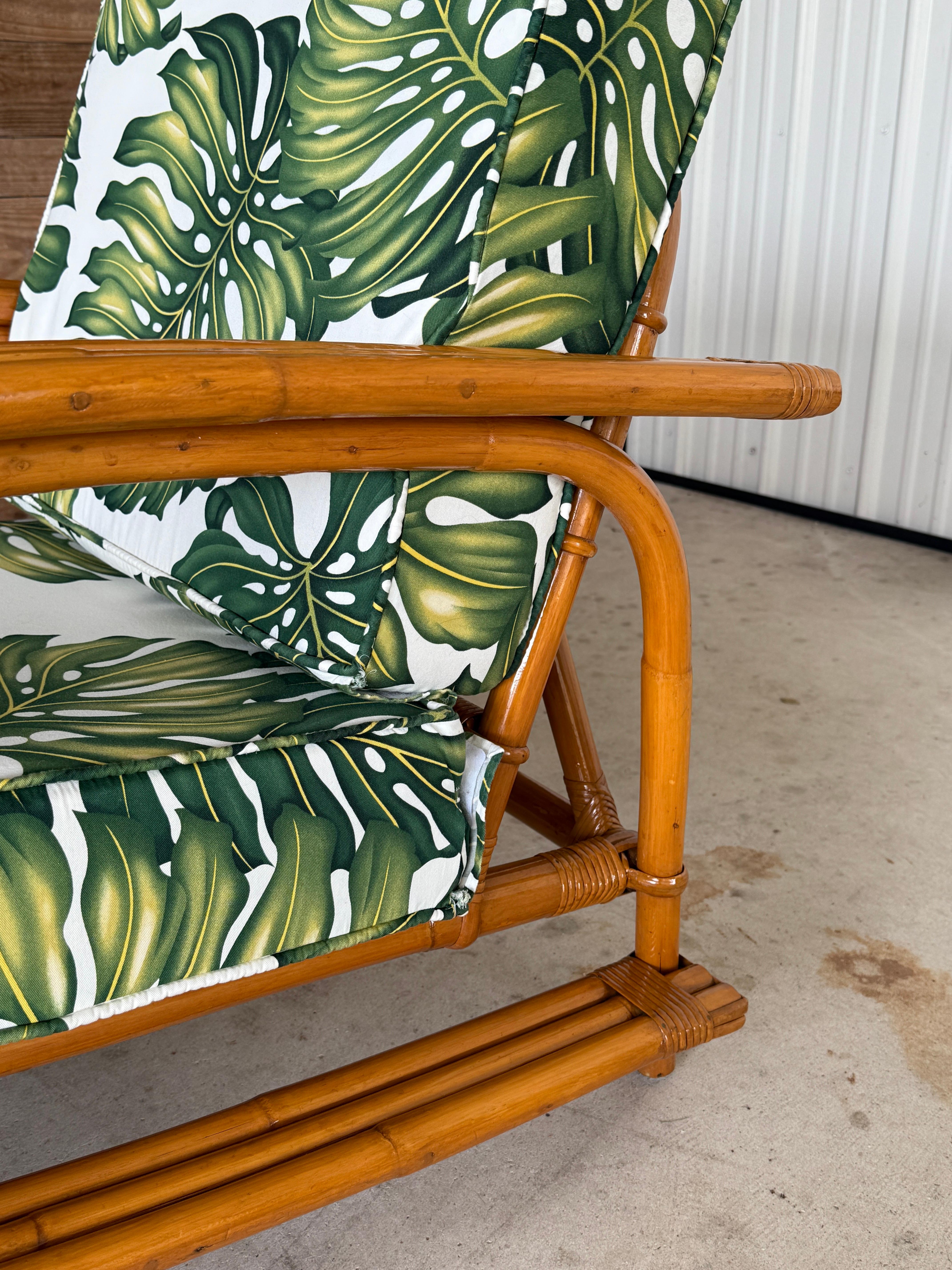 Pair of Mid-20th Century Restored Bent Rattan Lounge Chairs Tropical Upholstery For Sale 5