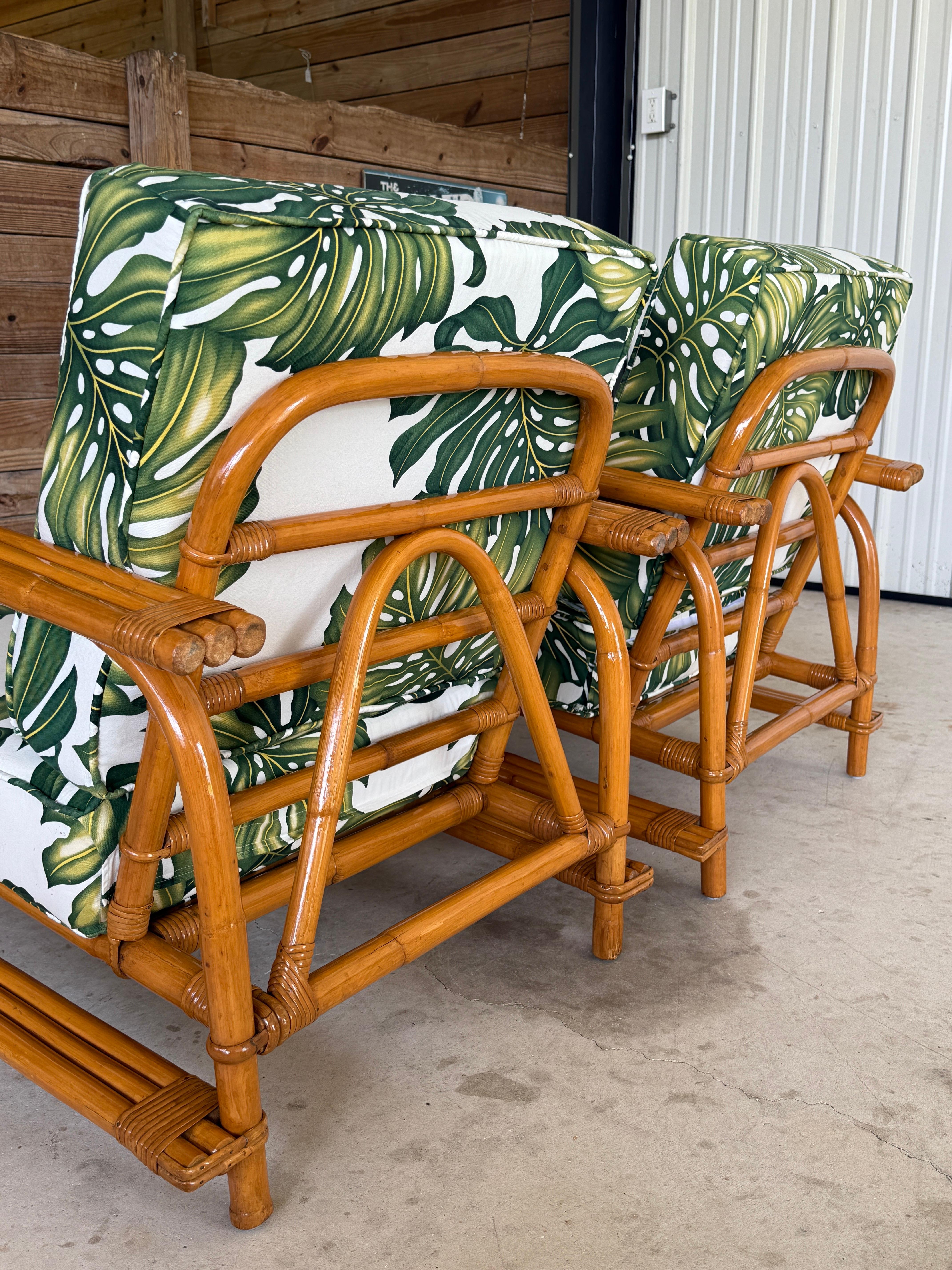 Pair of Mid-20th Century Restored Bent Rattan Lounge Chairs Tropical Upholstery For Sale 6