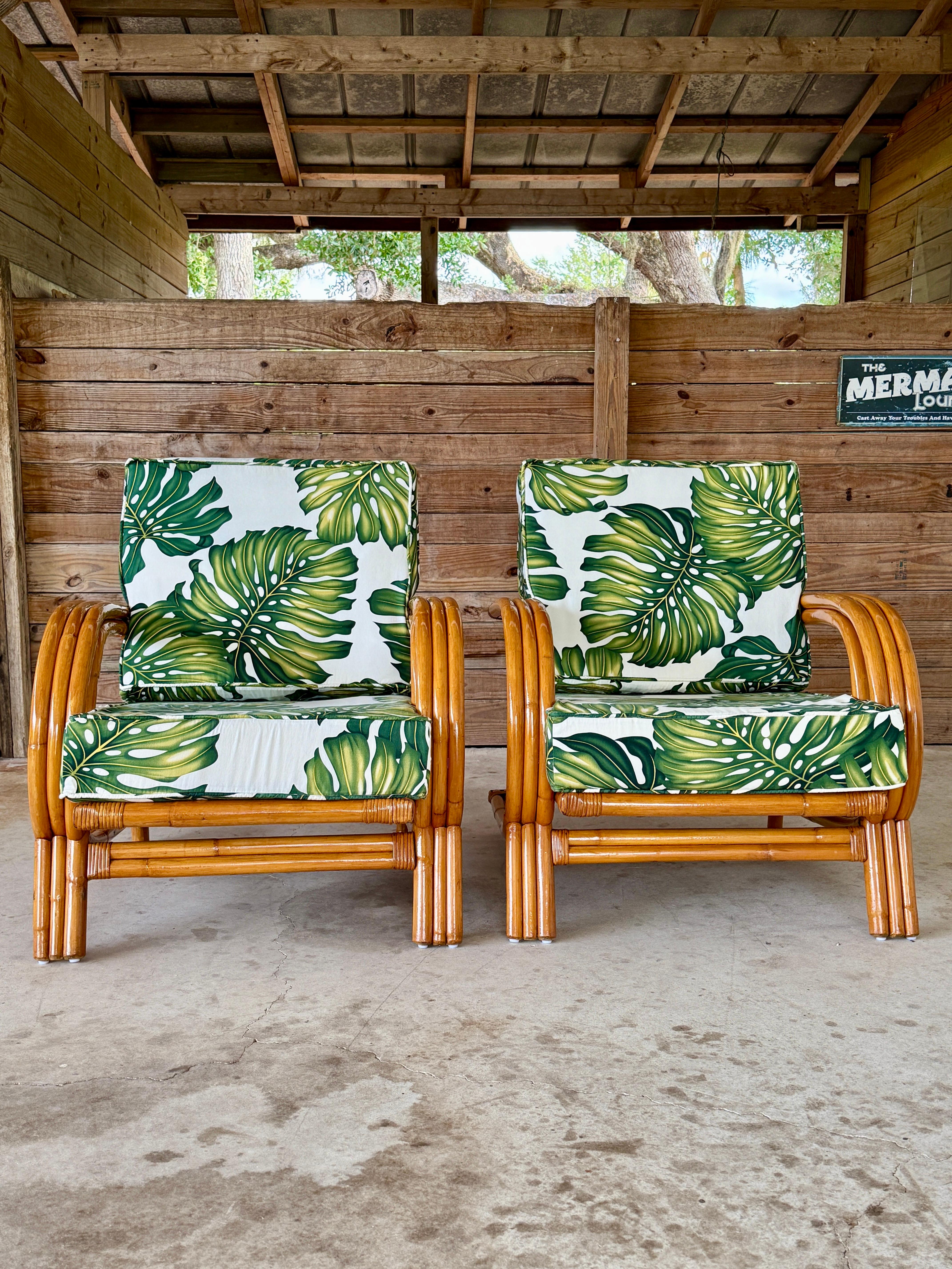 Pair of Mid-20th Century Restored Bent Rattan Lounge Chairs Tropical Upholstery For Sale 7