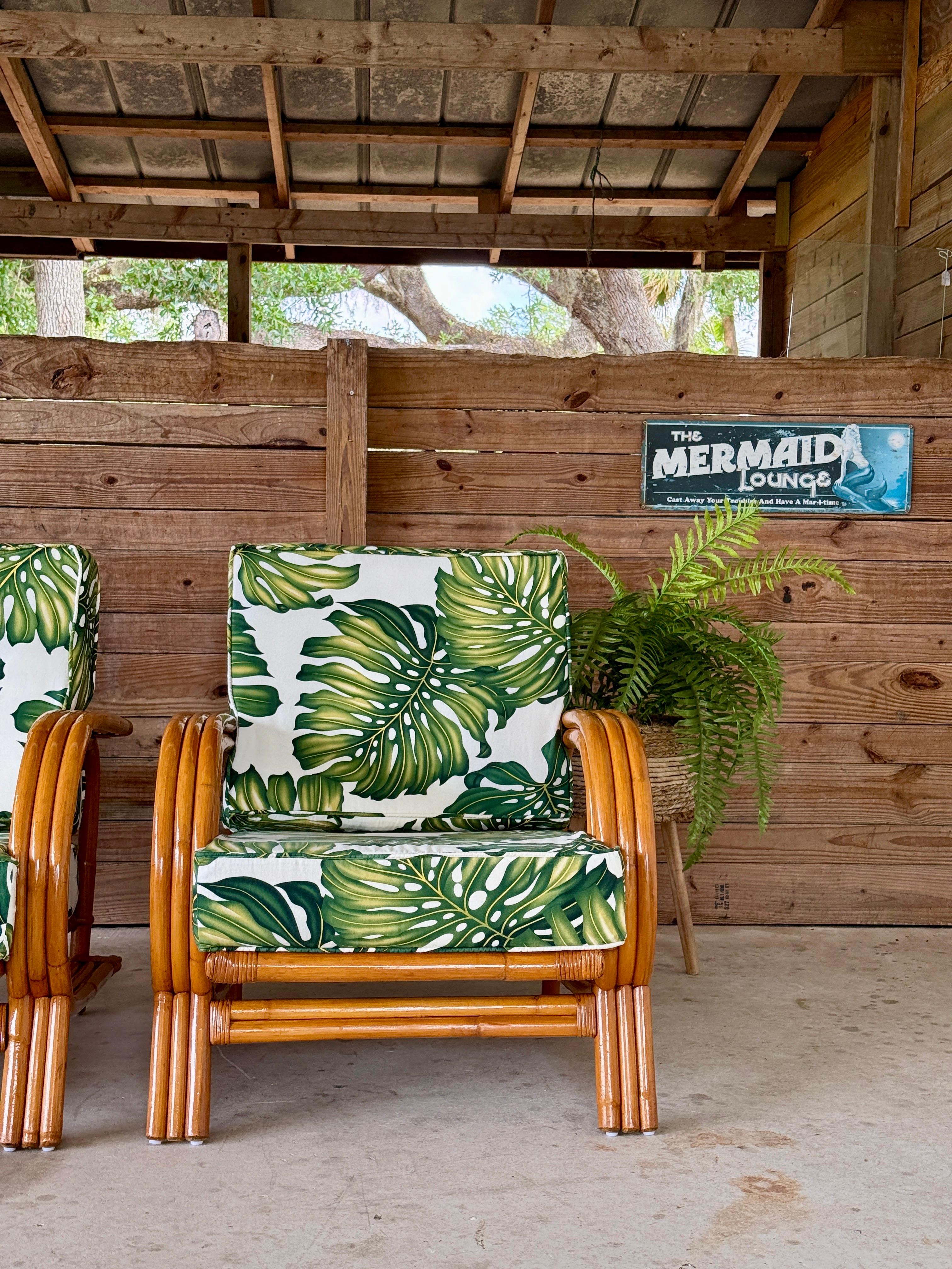 Pair of Mid-20th Century Restored Bent Rattan Lounge Chairs Tropical Upholstery For Sale 8