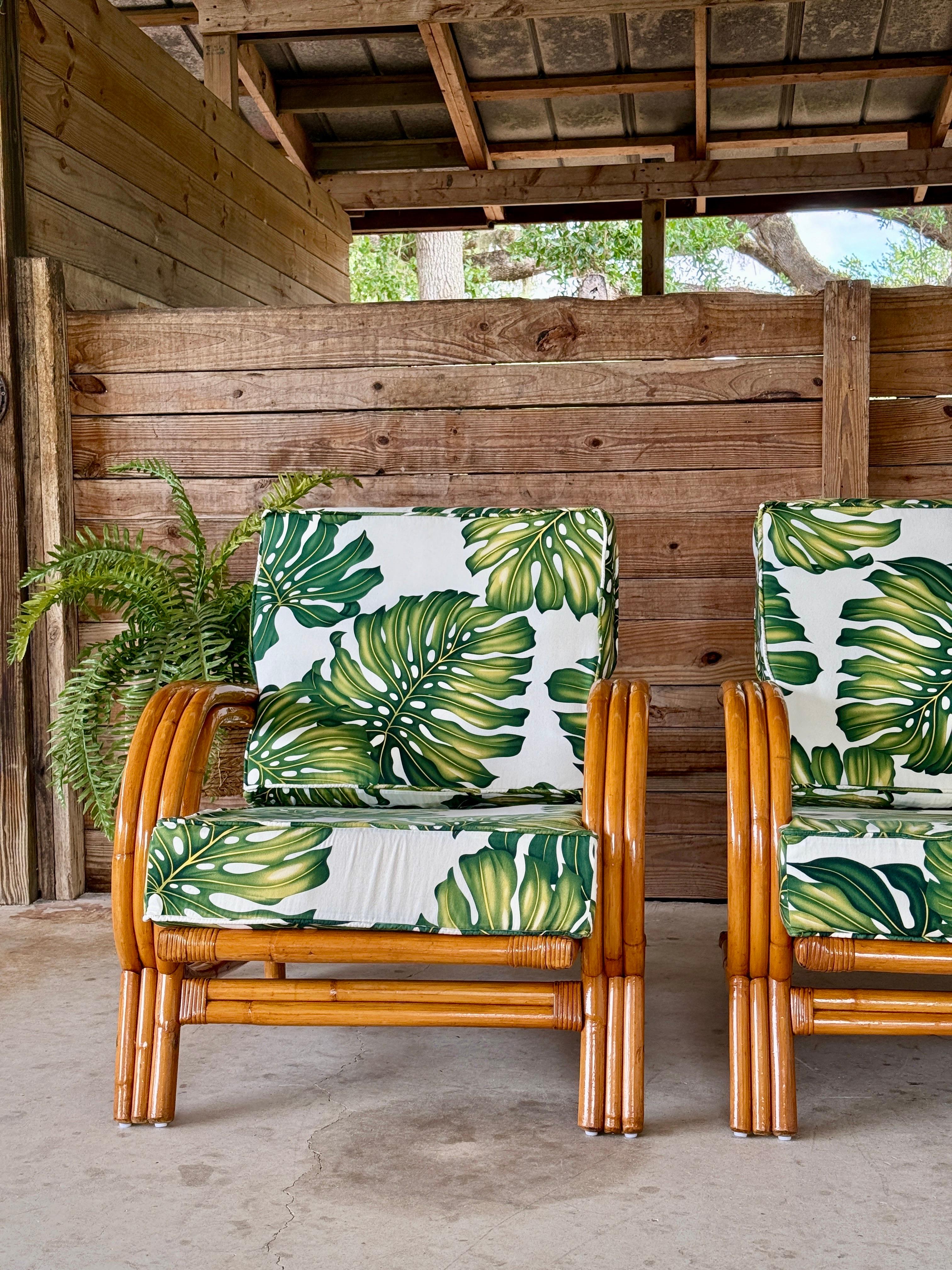 Pair of Mid-20th Century Restored Bent Rattan Lounge Chairs Tropical Upholstery For Sale 9