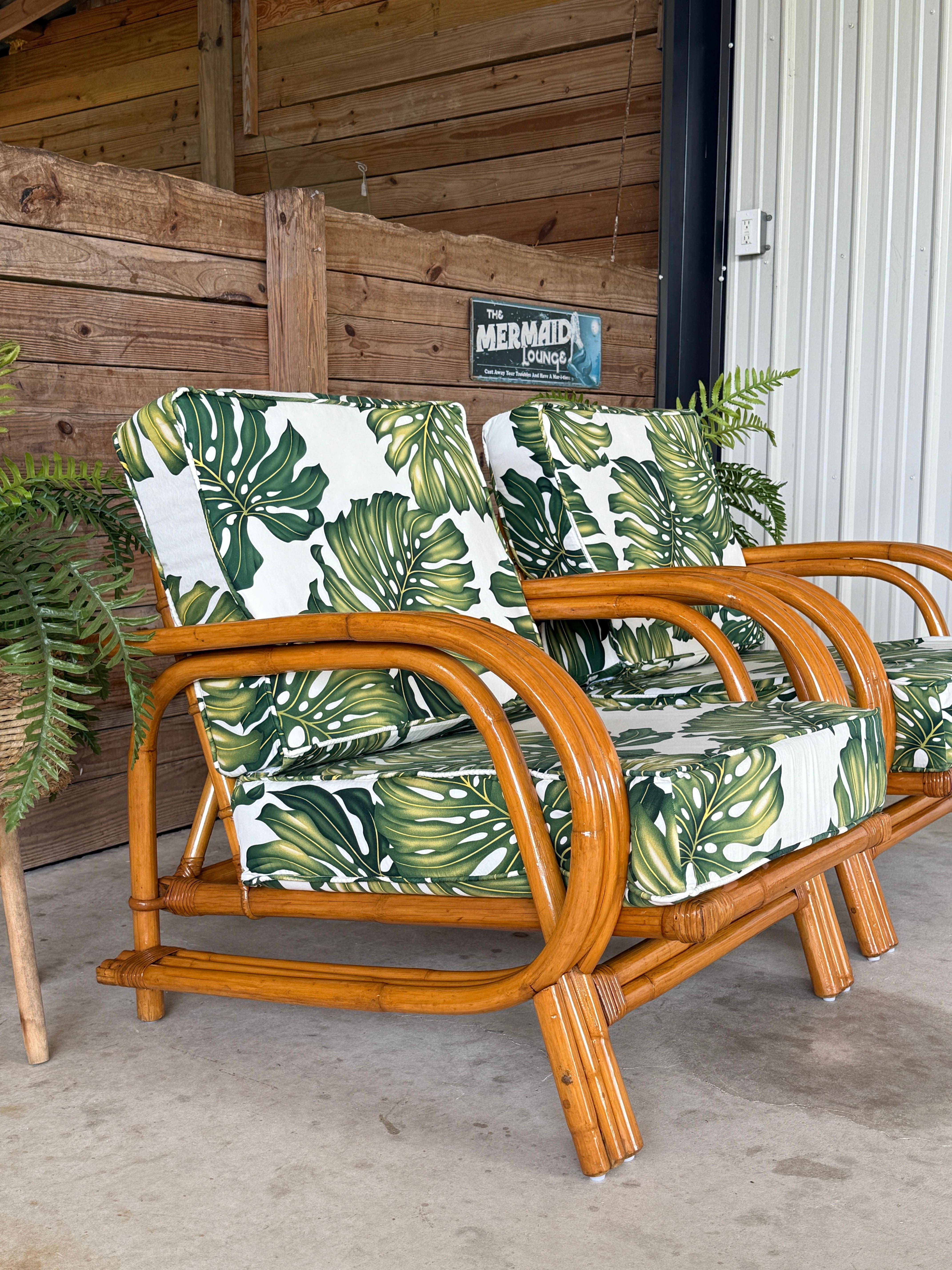 Pair of Mid-20th Century Restored Bent Rattan Lounge Chairs Tropical Upholstery For Sale 10