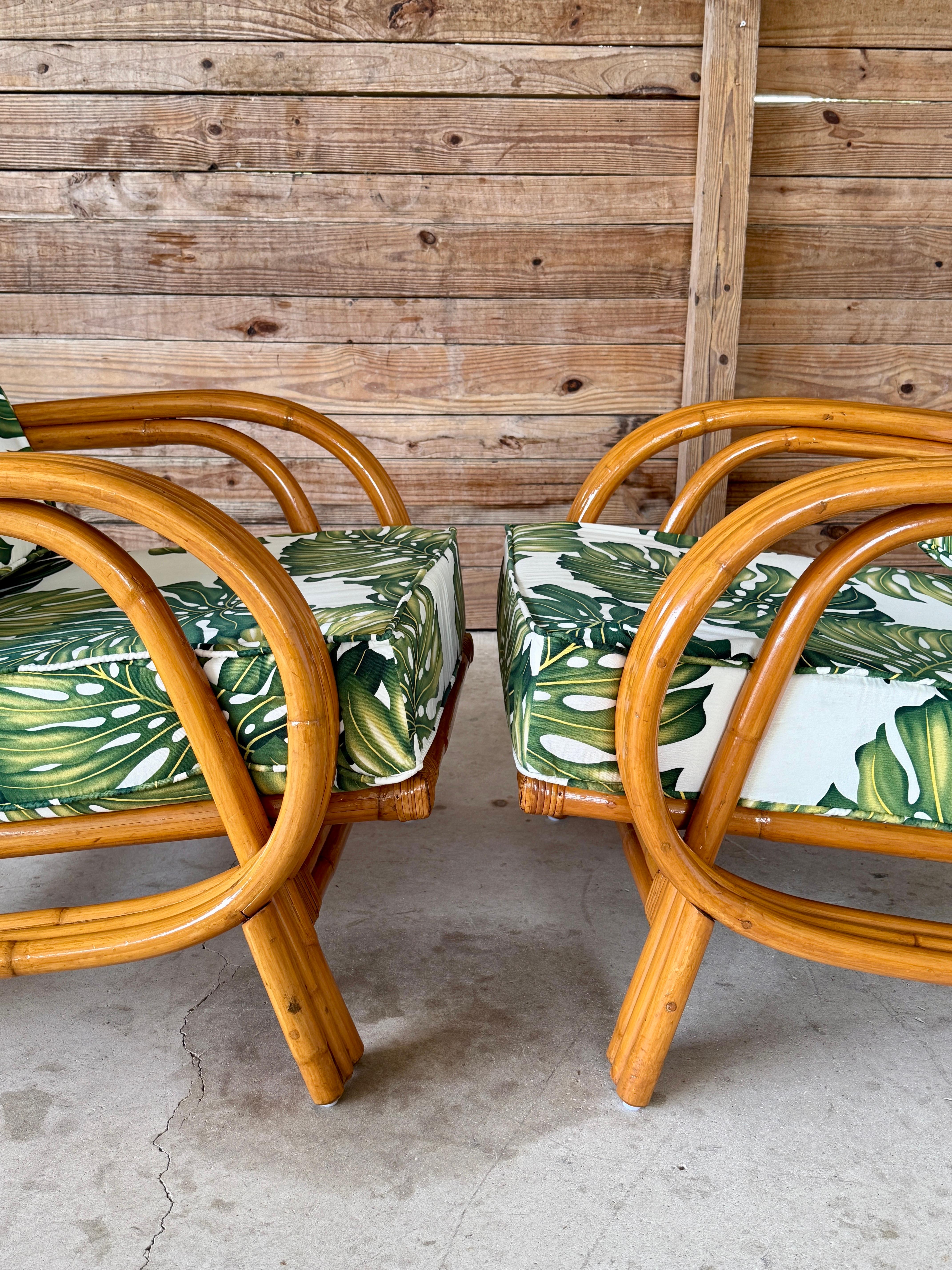 Organic Modern Pair of Mid-20th Century Restored Bent Rattan Lounge Chairs Tropical Upholstery For Sale