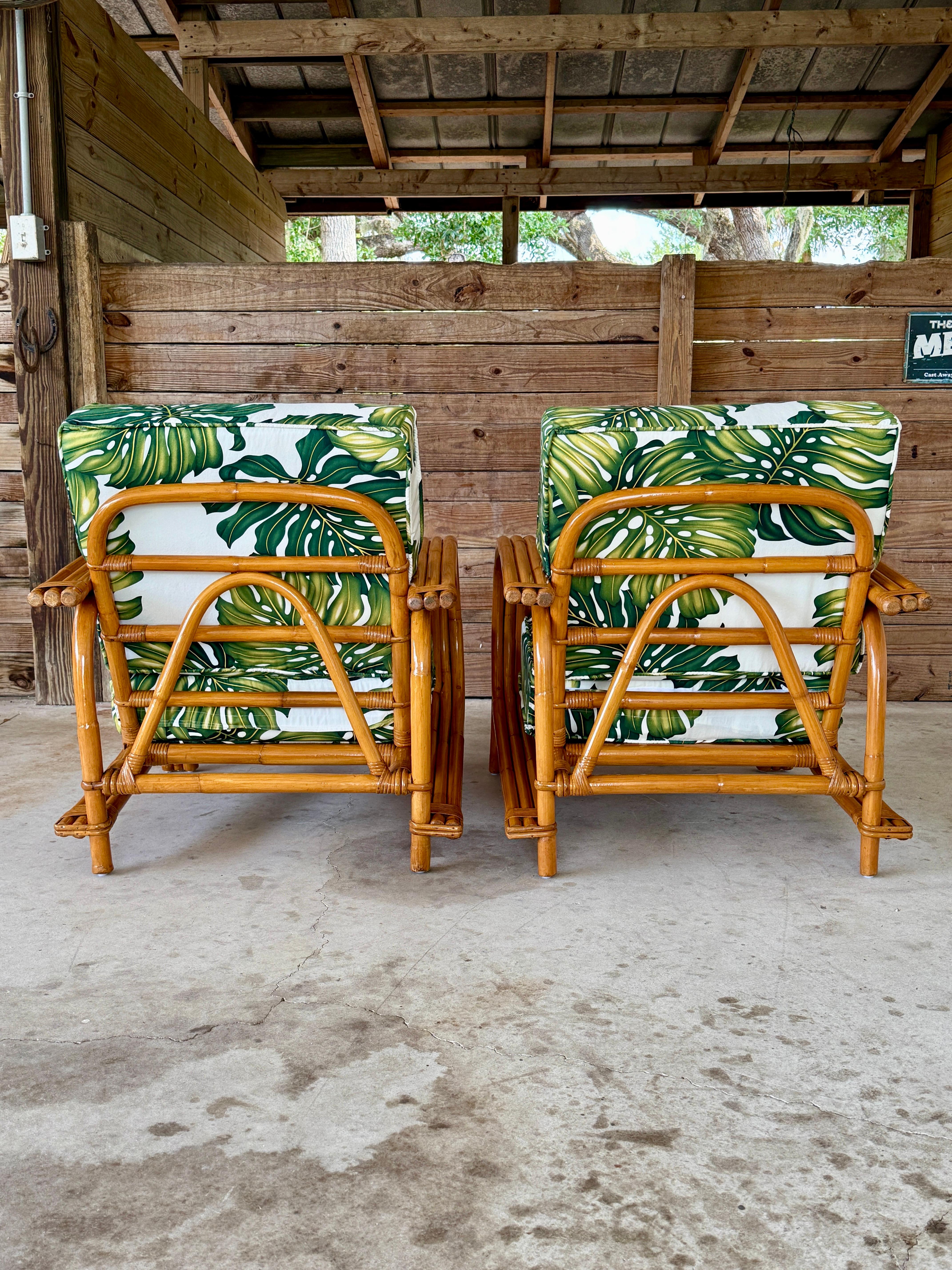 American Pair of Mid-20th Century Restored Bent Rattan Lounge Chairs Tropical Upholstery For Sale