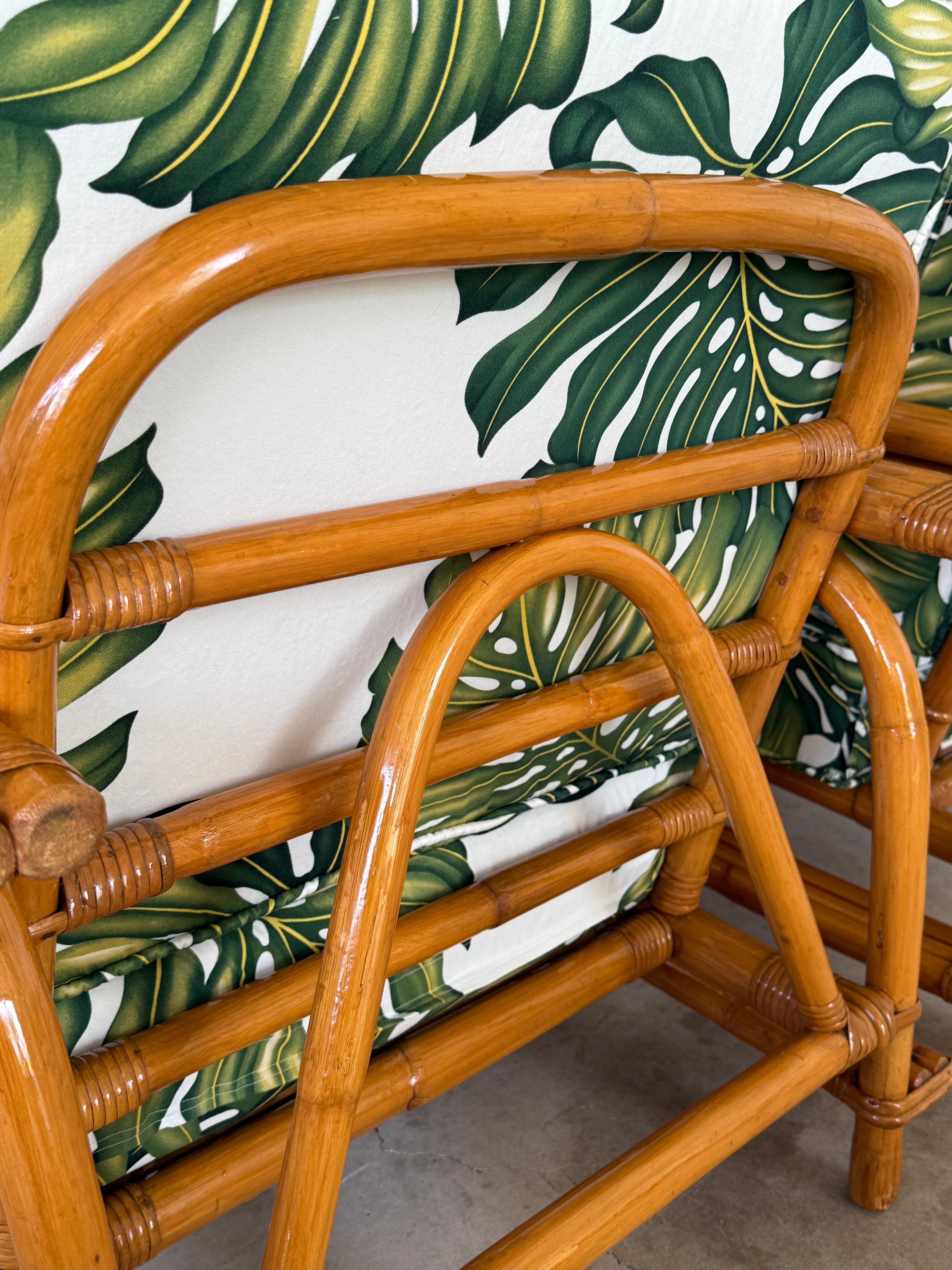 Pair of Mid-20th Century Restored Bent Rattan Lounge Chairs Tropical Upholstery For Sale 1