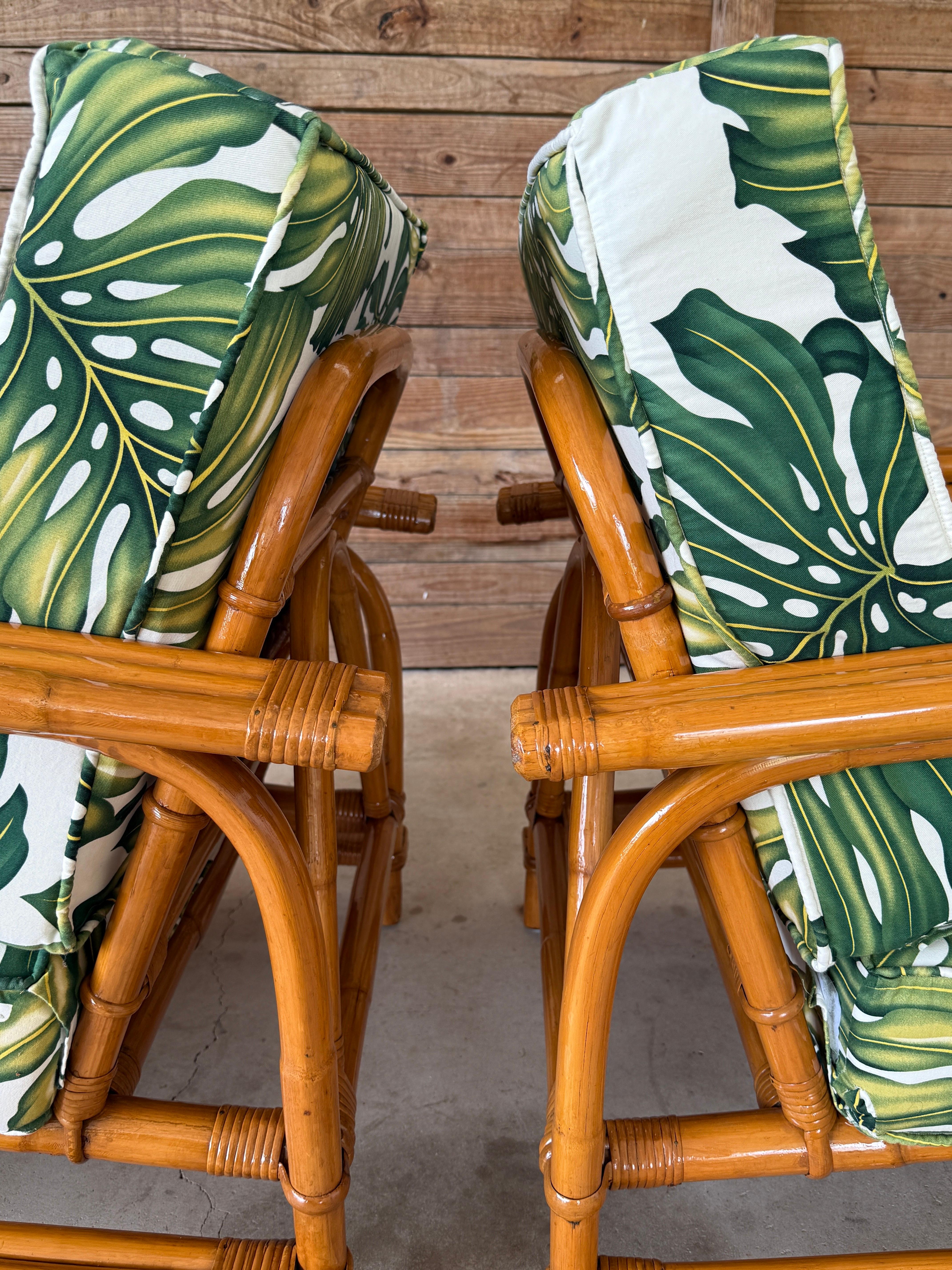 Pair of Mid-20th Century Restored Bent Rattan Lounge Chairs Tropical Upholstery For Sale 2