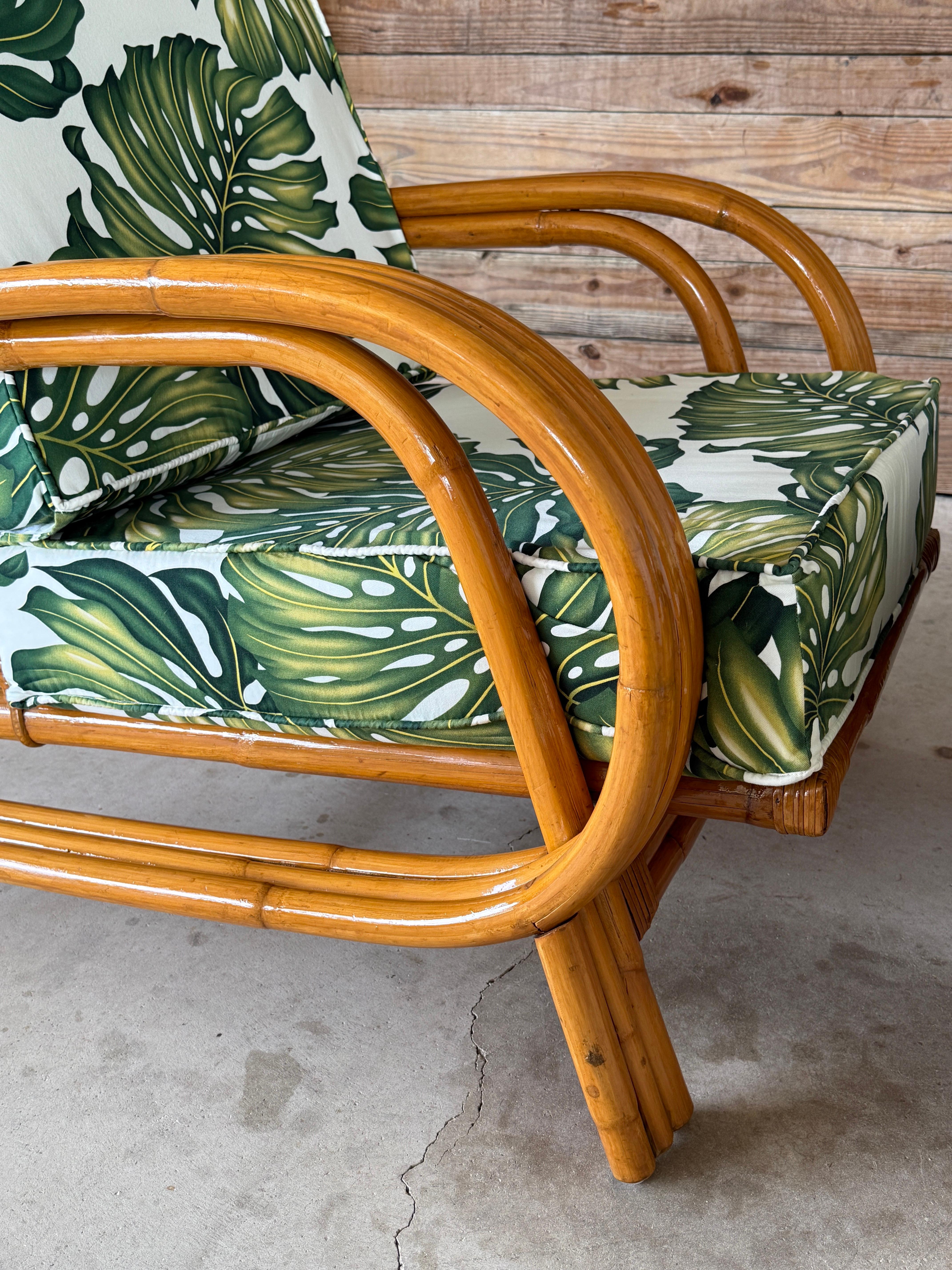 Pair of Mid-20th Century Restored Bent Rattan Lounge Chairs Tropical Upholstery For Sale 3