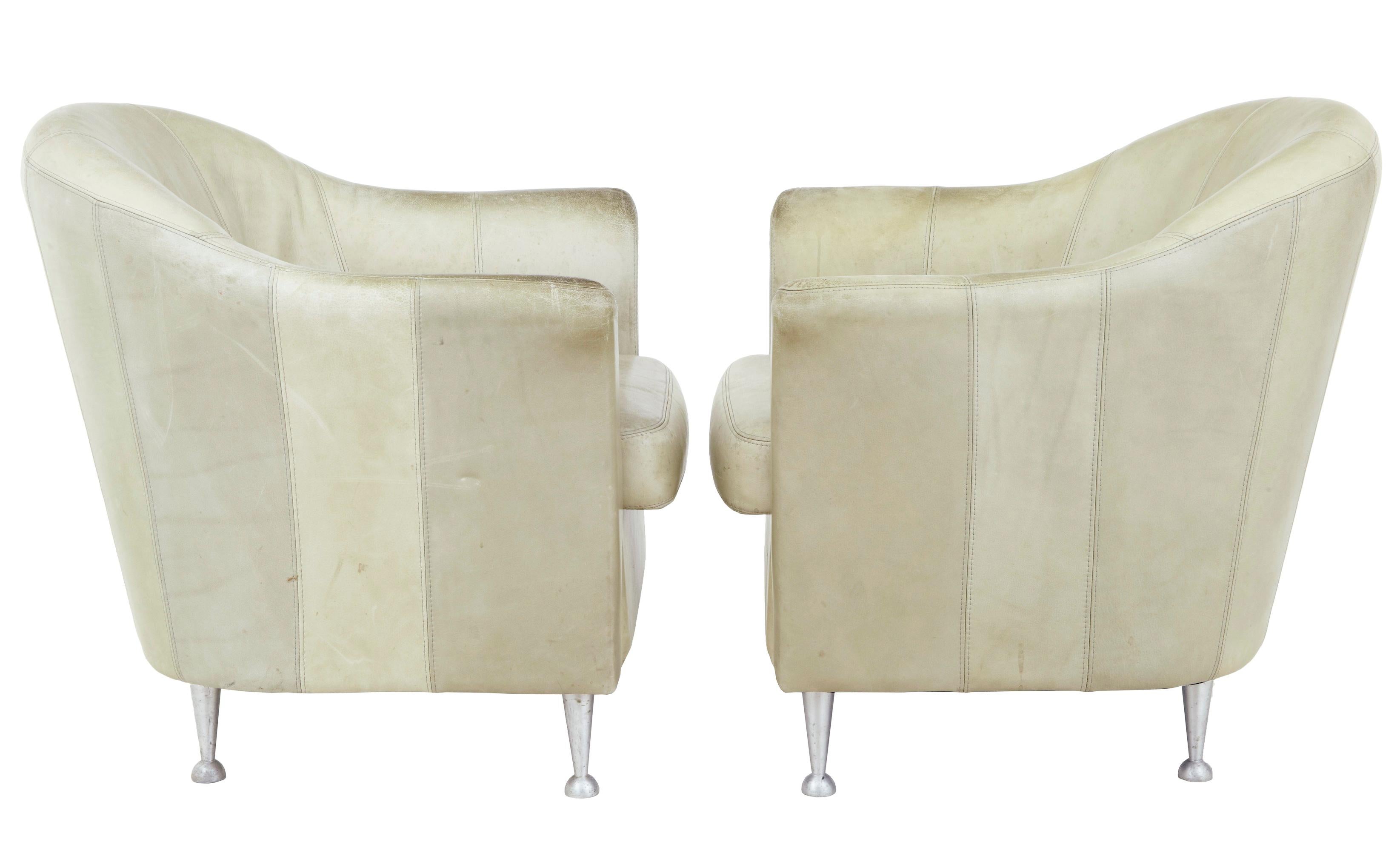 Swedish Pair of Mid-20th Century Scandinavian Leather Tub Armchairs