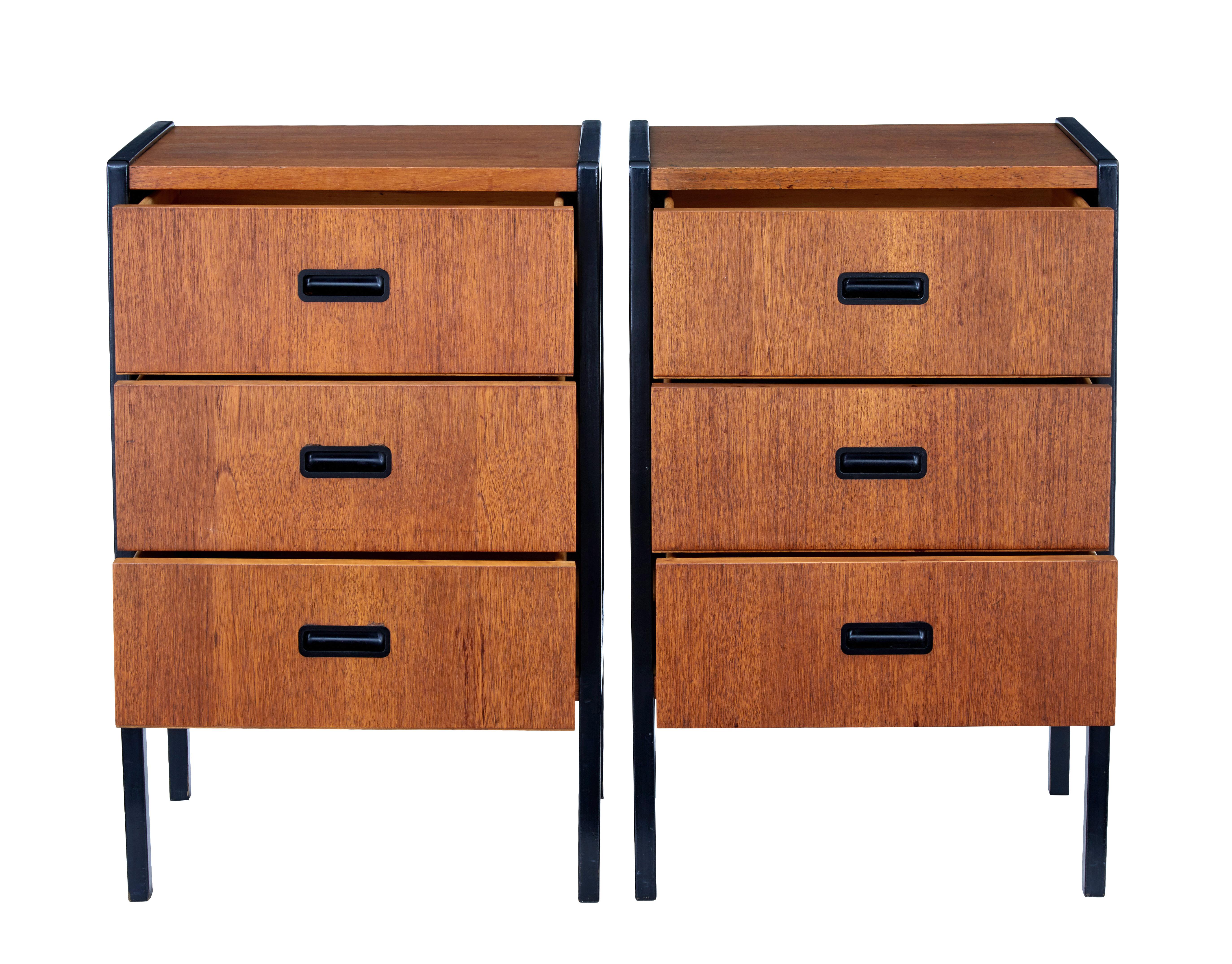 Stylish pair of Swedish teak bedside drawers, circa 1960.

Made and labelled by Swedish company Bodafors. 3 drawers with inset black handles, complemented by the exterior ebonized frame.

Surface staining to top, minor wear to ebonised areas.