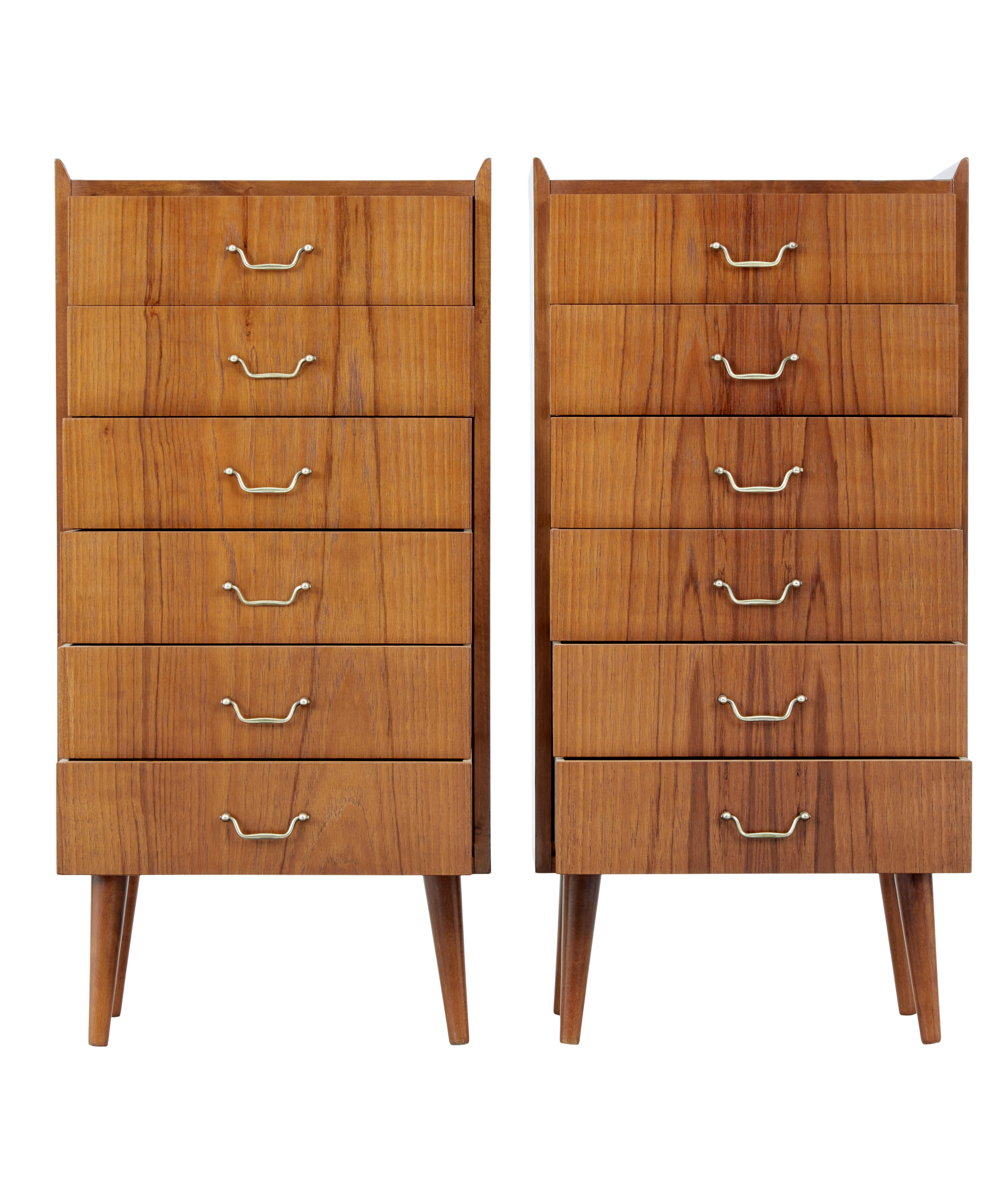 Pair of mid 20th century Scandinavian teak chest of drawers, circa 1960.

Good quality pair of small Swedish chests, each fitted with 6 drawers and brass handles. Recently re-finished in our workshop. Ideal for use in the home office or even as a