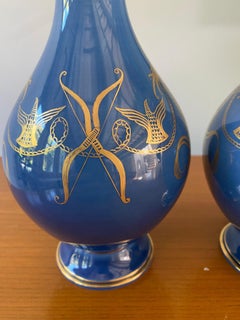 Pair of mid 20th century Sevres vases blue gold decor illustrated Linard Decouer