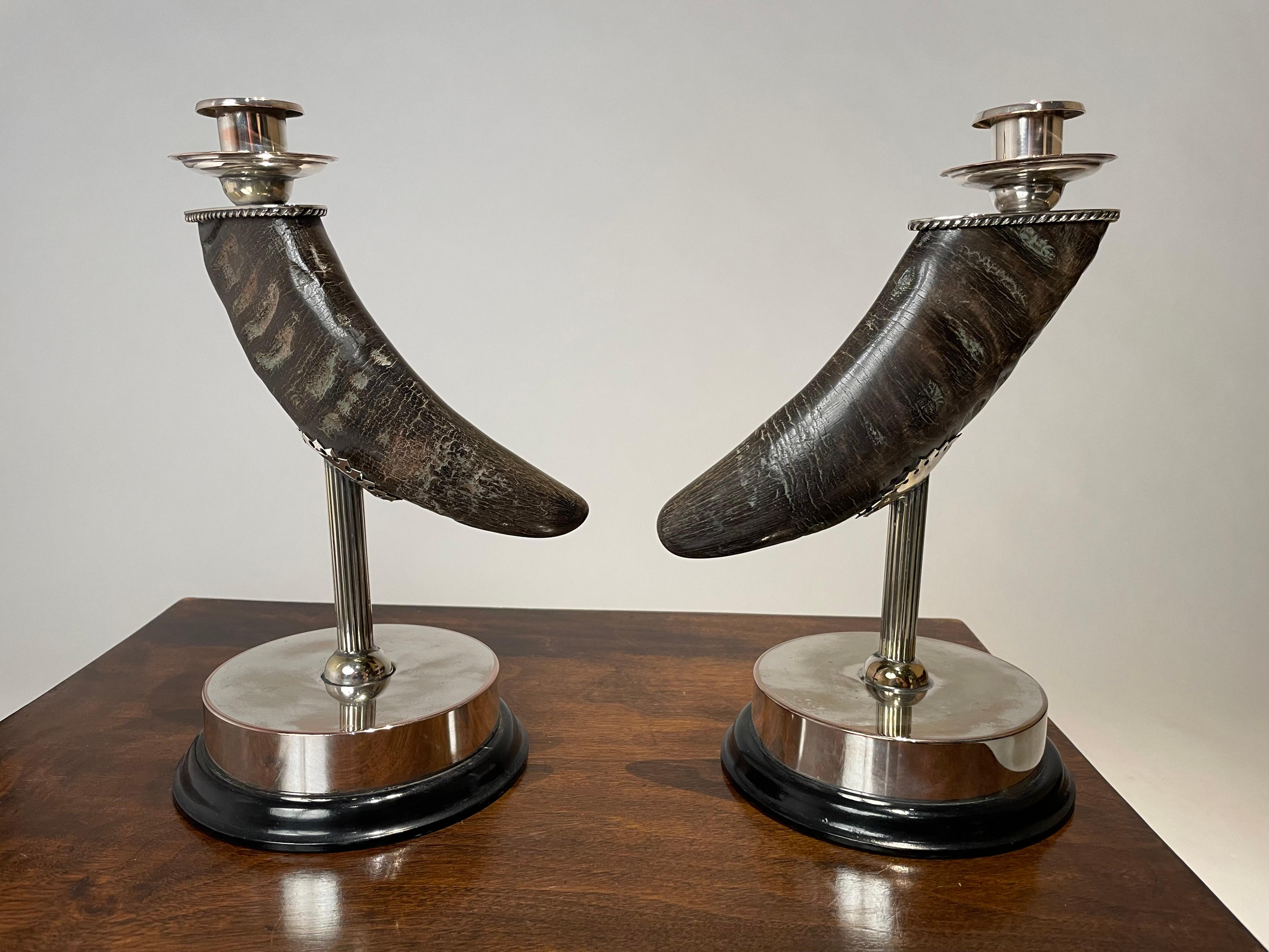 Pair Of Mid 20th Century Silver Plated Horn Candlesticks For Sale 11